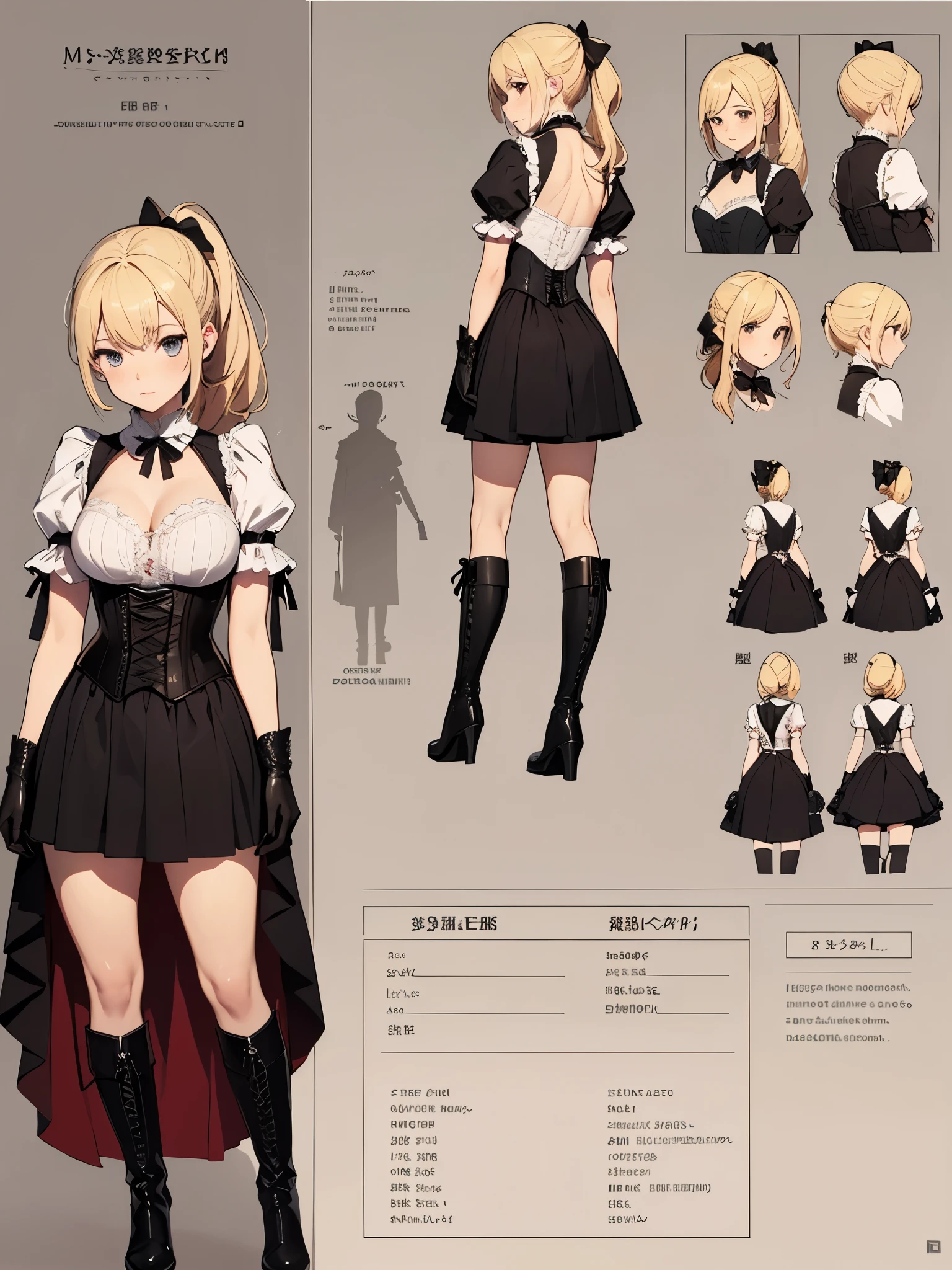 ((masterpiece)),(((best quality))),(character design sheet, same character, front, side, back), lady, blond, ponytail, bows, lace, corset, long skirt, boots