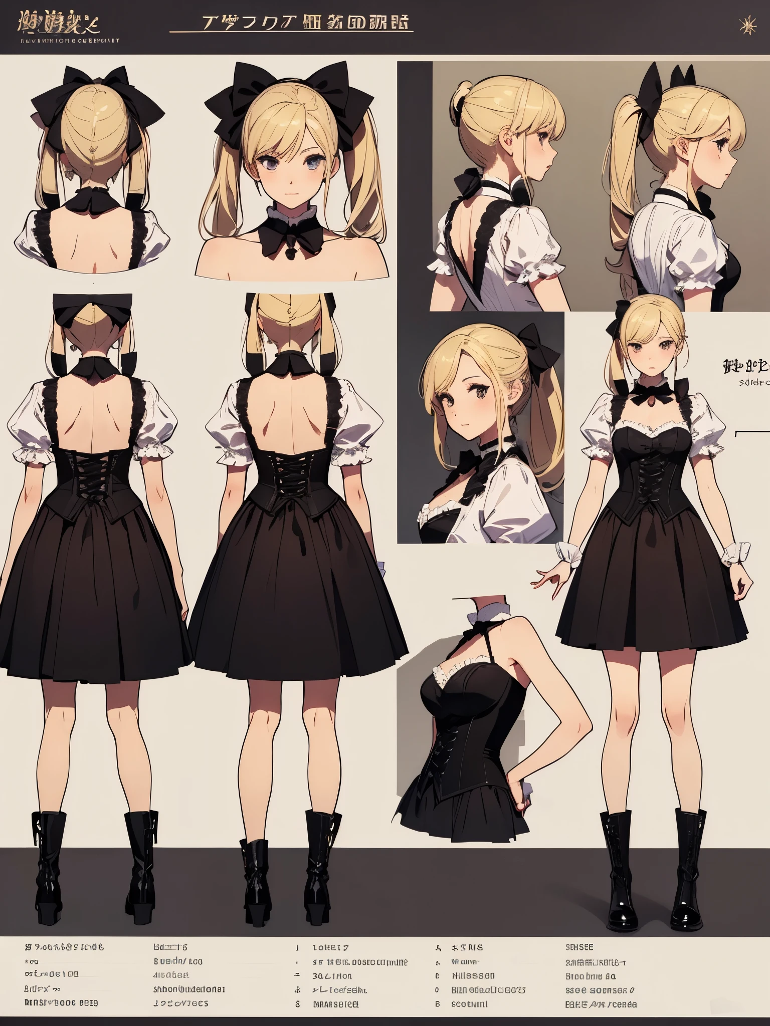 ((masterpiece)),(((best quality))),(character design sheet, same character, front, side, back), lady, blond, ponytail, bows, lace, corset, long skirt, boots