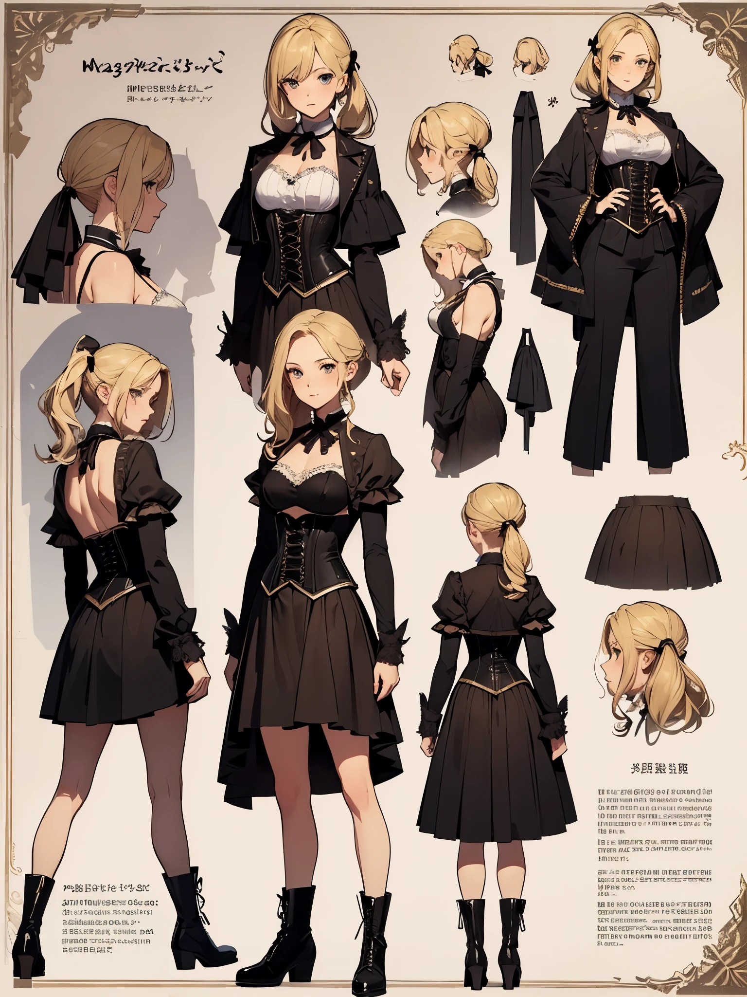 ((masterpiece)),(((best quality))),(character design sheet, same character, front, side, back), lady, blond, ponytail, bows, lace, corset, long skirt, boots