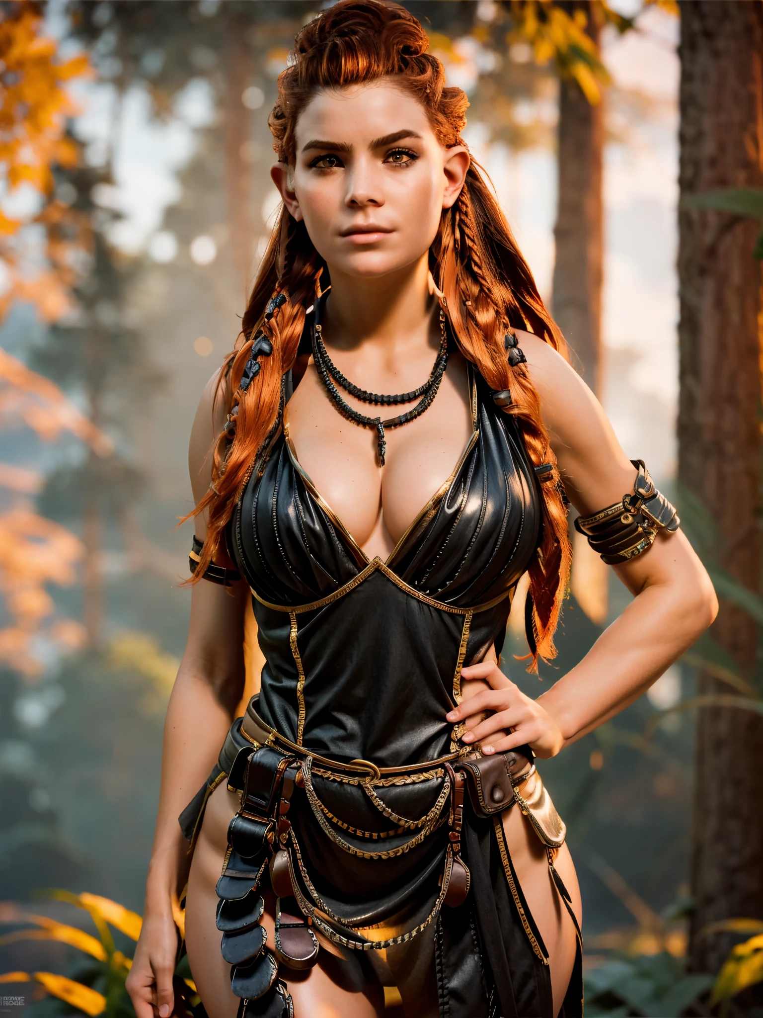 (masterpiece, best quality)
1girl, AloyHorizon, solo, long hair, red hair, redhead, brown eyes, jewelry, closed mouth, smiling, standing, full body shot, in black elegant gown, braid, cowboy shot, ballroom setting, red hair, day, necklace, lips, looking to the side, fur trim,  feathers, realistic, nose, tribal, multiple braids, cleavage, big breasts, sexy pose, 
