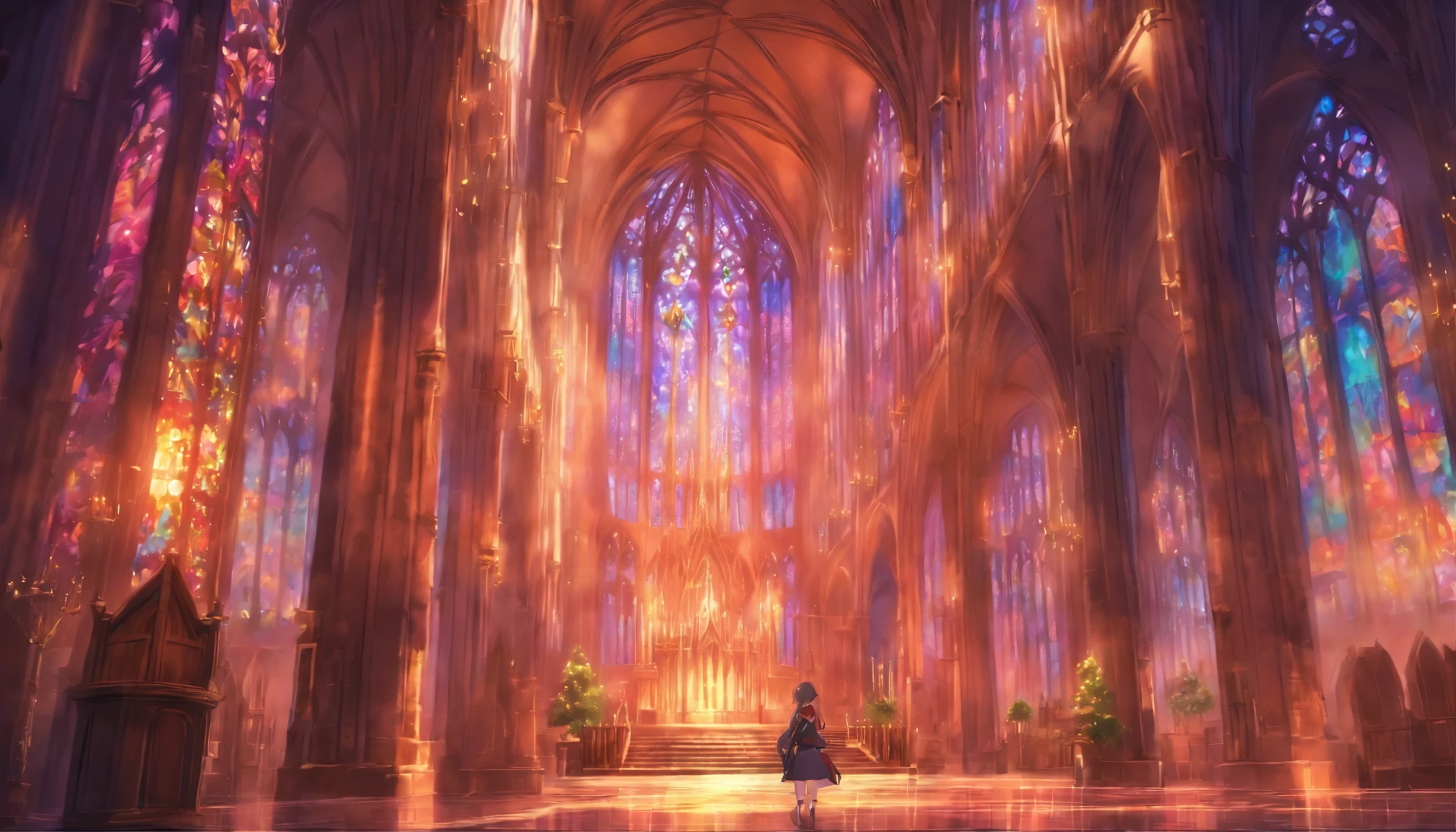 arafed view of a Cathedral with a clock and stained glass windows, Cathedral!!!!!, inside Cathedral, in a large Cathedral, Cathedral, Cathedral background, mystical Cathedral windows, With great domes and arches, Cathedrals, holy place, wonderful sight, David La Chapelle, great lighting, Gothic church background, heavenly brightness, gothic Cathedral, holy rays