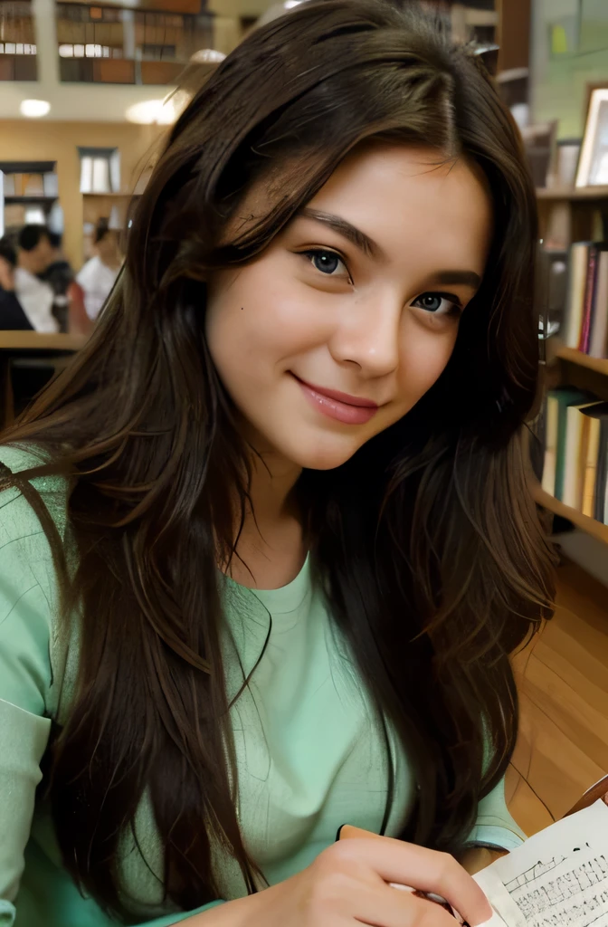 chef-d&#39;artwork, High quality, Details, 1 fille, brunette, cheveux longs, (Cheveux noirs), at the library. Sitting at the table reading a book. yeux verts.souriant