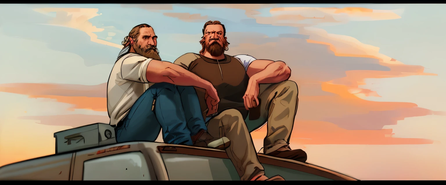 two men sitting on top of a van, drinking beer, light brown hair, white shirt, jeans, gray beard, afternoon sky, 4k, HD