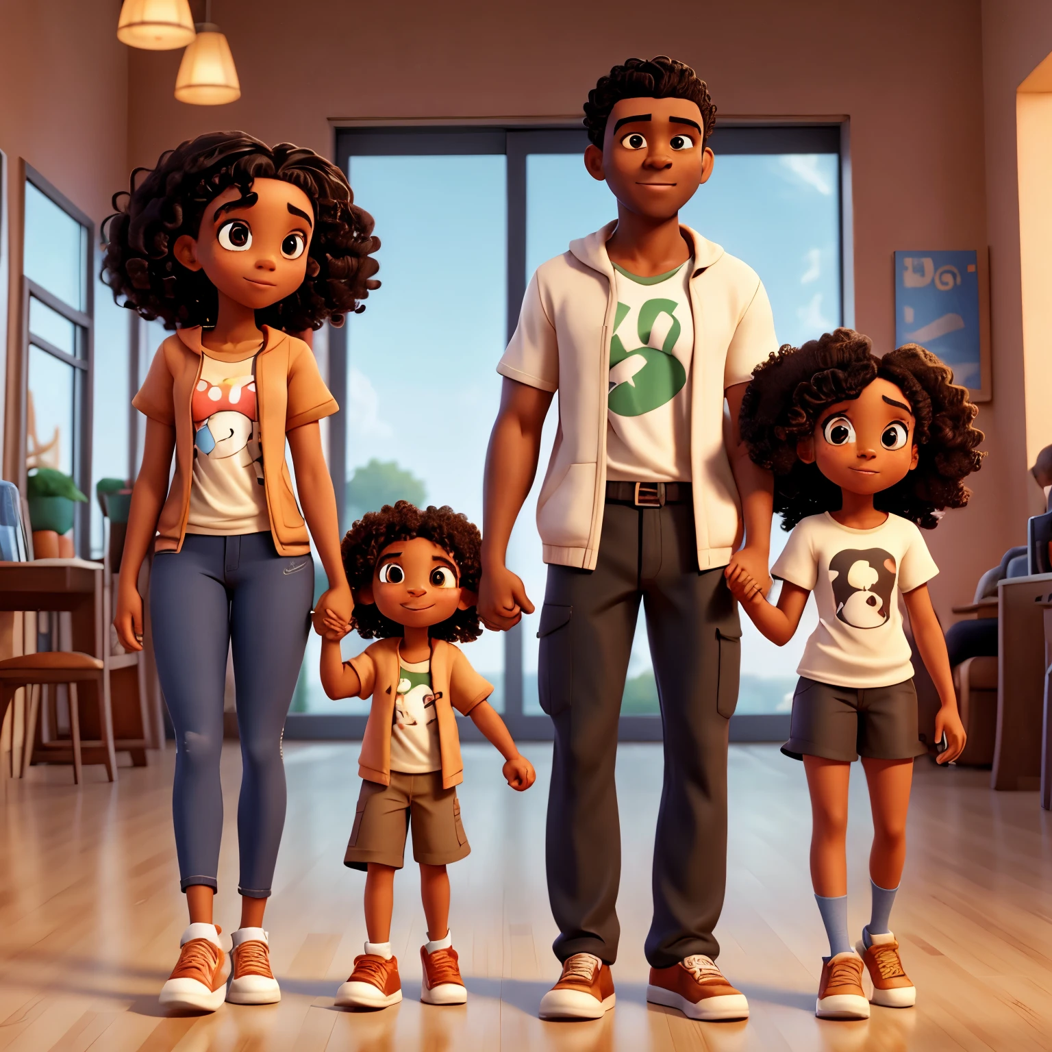 Short woman with light skin and long black hair holding hands with tall man with brown skin and short curly hair, with Disney version Spider-Verse t-shirts