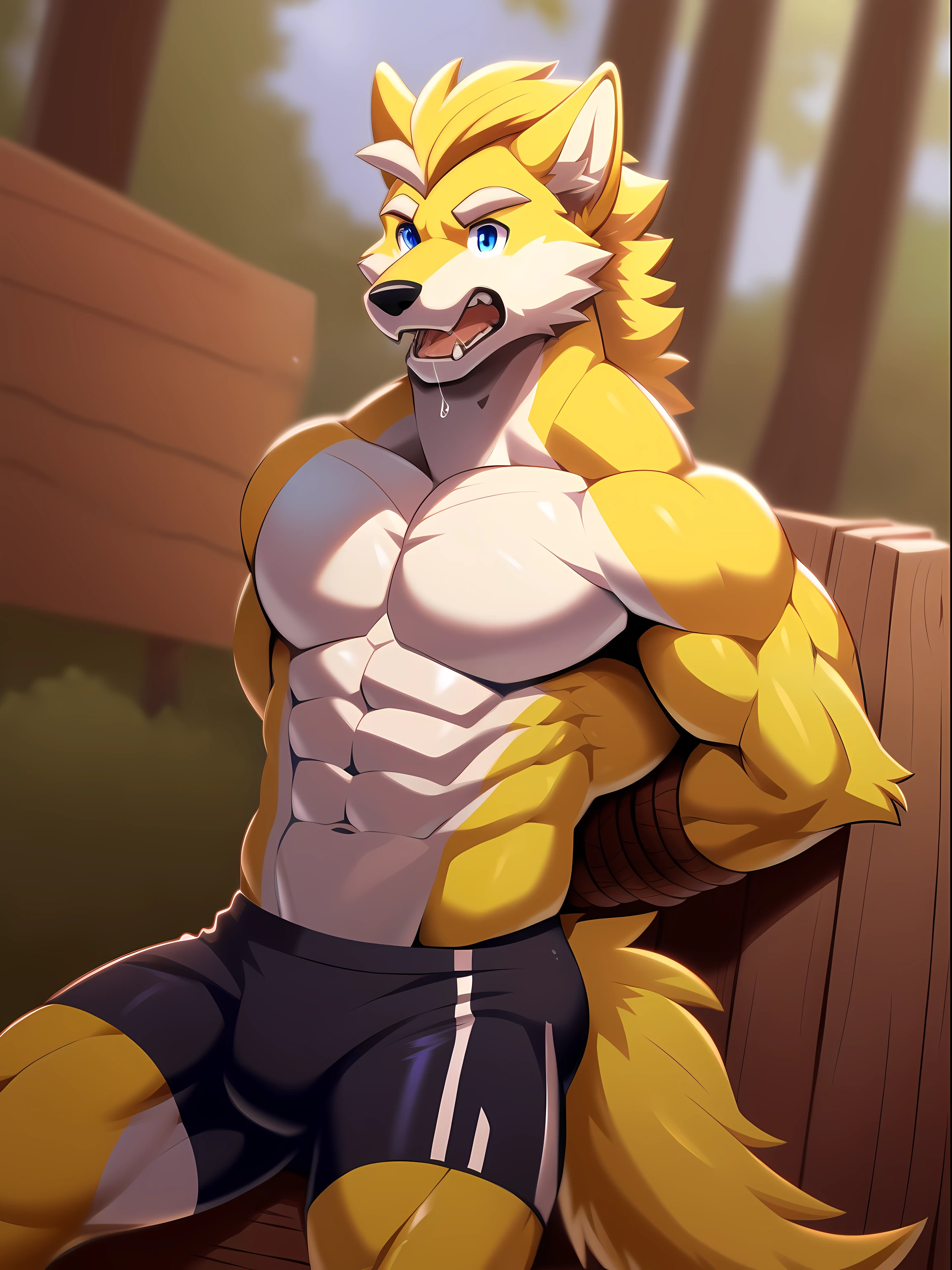 single, wolf head, wolf tail, strong, หูเหลืองsexy, yellow hair, hair on arm, hair on legs, Yellow fur all over, full body,naked, , muscle,sexy, handsome man, (blue eye profile), White eyebrows, (sports shortasterpiece, high resolution, best quality), 4k, soft skin, Warm weather,committee,Turn sideways 45 degrees,ฉากtorture,torture,punched hard in the stomach.,intestinal perforation,Injuries,Tied to a wooden post with your hands tied behind your back..,An angry expression of defiance,Mouth open and drooling