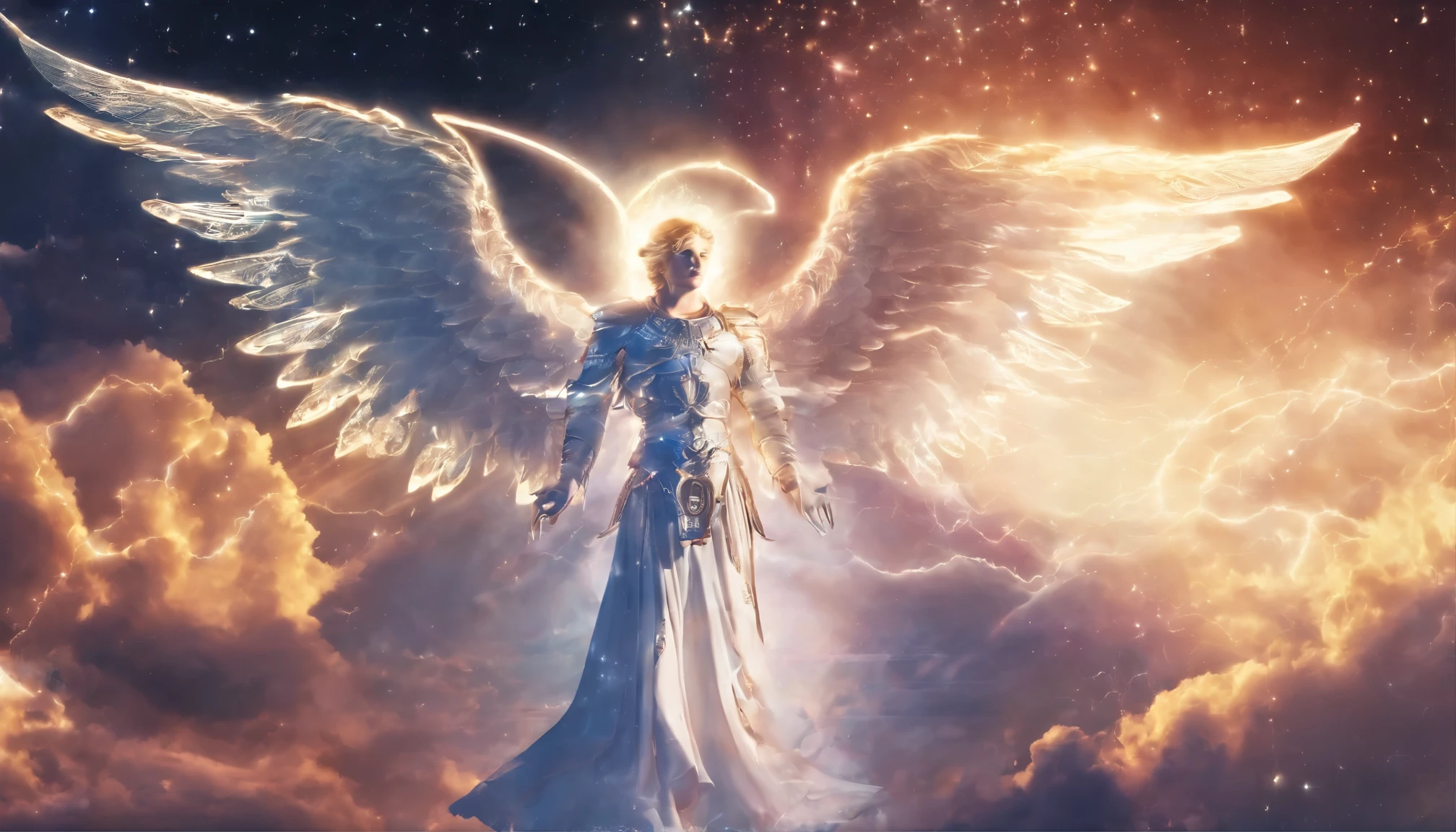 Arafed image of a man flying in the sky with wings, A shining angel-like existence, エーテル的なangelic lightの存在, angelic light, holy sacred rays, visible sacred aura, angelic halo, glowing sacred aura, angel of dawn light, god's sun rays, A shining halo on his head, angel halo, sacred aura, angel spirit guide, archangel