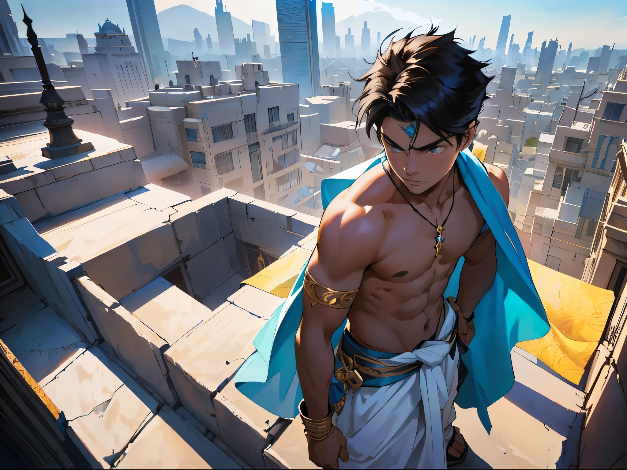 anime man with a blue cape standing on a rooftop overlooking a city, handsome prince of persia, ross tran 8 k, germen de arte and atey ghailan, germen de arte greg rutkowski _ greg, range murata and germen de arte, germen de arte. animated illustration, style ivan talavera and germen de arte, in style of germen de arte