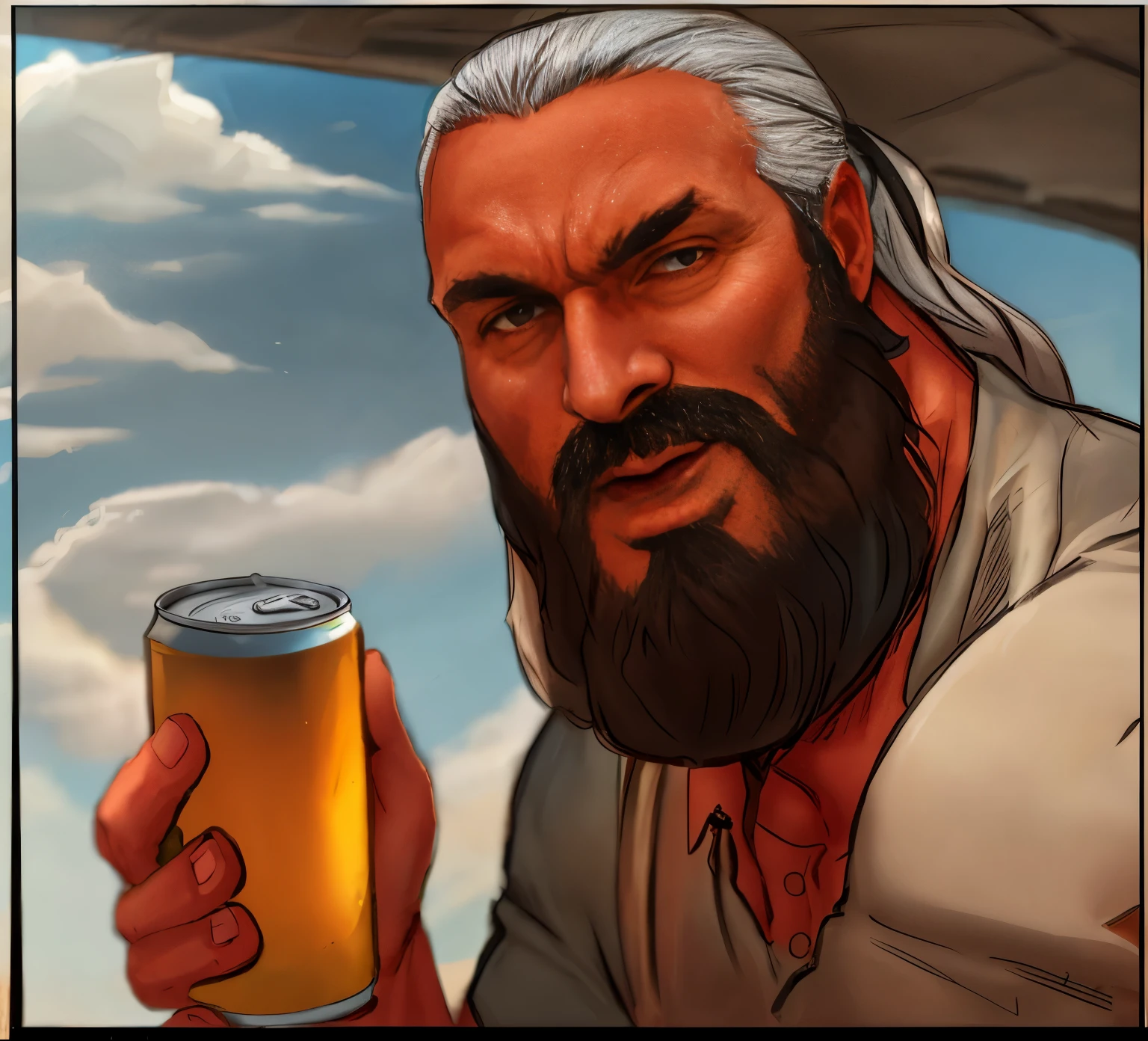 close-up of a 40-year-old man, with gray hair and beard, holding a can of beer, afternoon sky