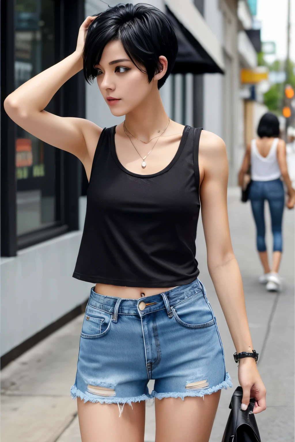 cool american woman、black hair、short shaved hair、slim body、black tank top、blue denim distressed shorts、standing in the street