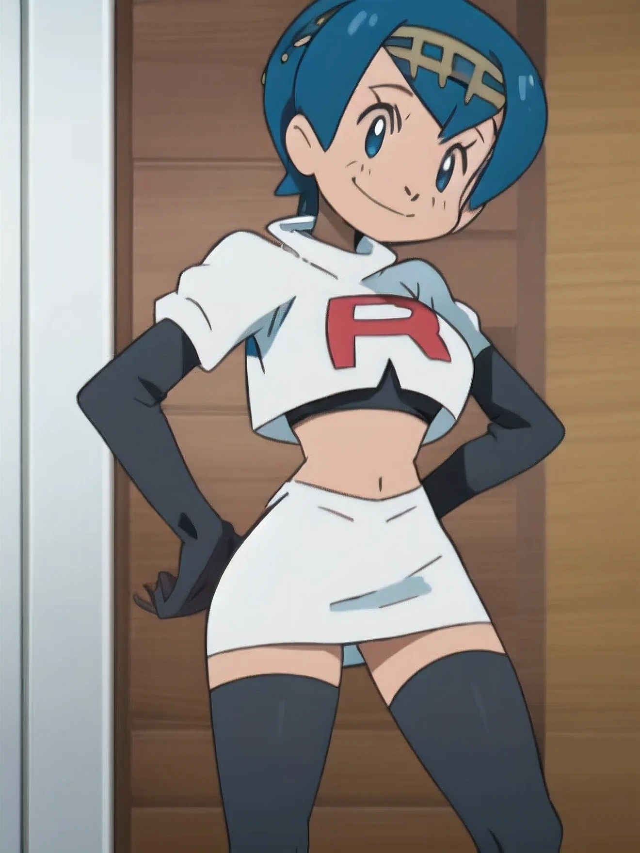 8k,1girl in, (solo:1.1), (perfect body:1.1), (best quality:1.1), very large breast, team rocket, team rocket uniform, red letter r, white skirt,white crop top,black thigh-high boots, black elbow gloves, smiling, looking down at viewer, hands on hips,zettai ryouiki,cowboy shot
