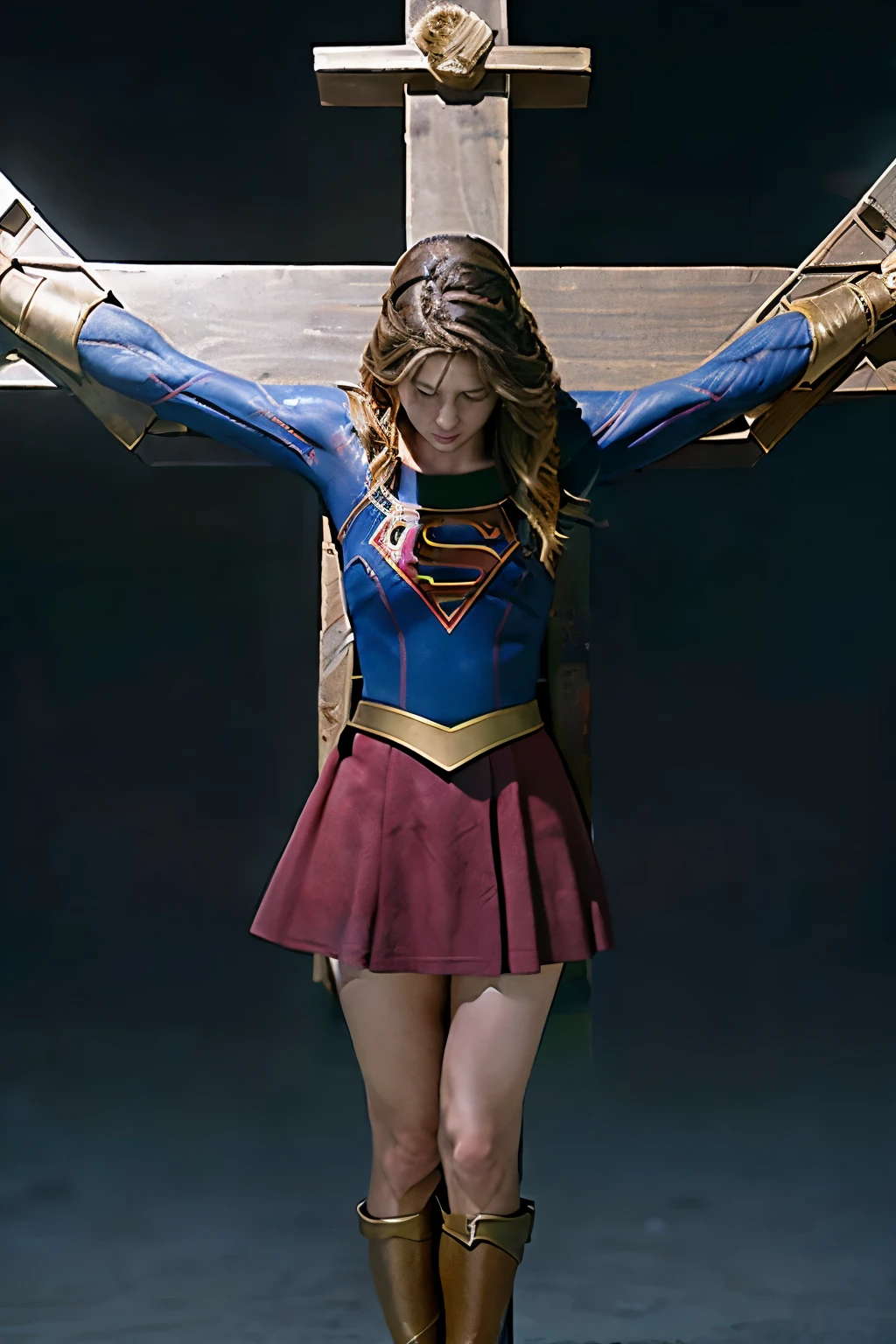 highest quality，masterpiece，UHD, Super detailed, 8K，(Beautiful woman)，一人のBeautiful woman，((crucifixion))，(cross)，(execution)，((incontinence))，scared，torture，slave，((crossにcrucifixionにされた女性：1.5)),crucifixion刑，(supergirl)