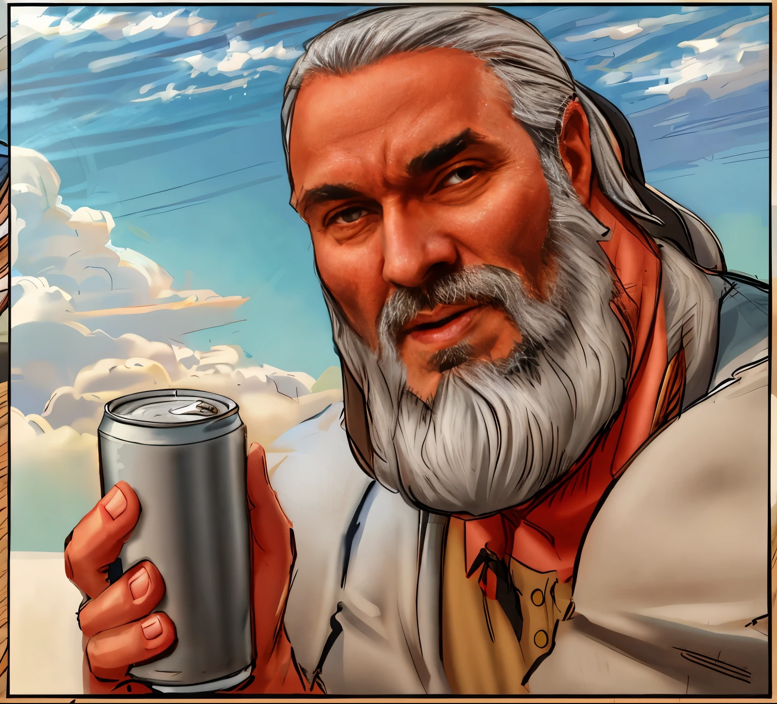 close-up of a 40-year-old man, with gray hair and beard, holding a can of beer, afternoon sky