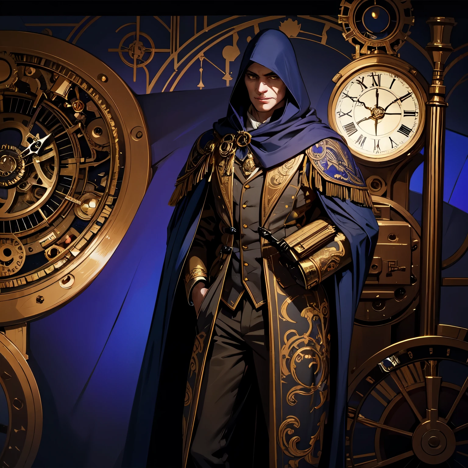 Create a character design sheet for "The Dreamweaver," a mysterious figure who can manipulate dreams. The character is a blend of fantasy and steampunk aesthetics.

Character Details:

    Name: The Dreamweaver
    Gender: Ambiguous
    Occupation: Dream Manipulator
    Features:
        Upper body: Elaborate, flowing cloak with intricate dream symbols embroidered on the fabric. The left side of the cloak should be fully shaded with pencil, bringing out the details of the symbols.
        Lower body: Steampunk-style trousers with gears and clockwork motifs. The right side of the trousers should remain as a detailed line drawing, showcasing the mechanical elements.
        Accessories: A half-mask that covers the character's eyes, adorned with feathers and clock hands. The left side of the mask should be colored to show ornate details, while the right side remains as a line drawing.
        Hands: One hand wearing a steampunk-style glove with gears, partially colored to show the metallic details. The other hand should be a line drawing, with faint indications of dream-like wisps escaping the fingers.
        Background: A swirling dreamscape with floating gears and fragmented clock faces. The left side of the background should be shaded to add depth, while the right side remains as a light sketch to contrast the detailed elements.

Color Scheme:

    Use shades of midnight blue, deep purple, and gold for the colored portions.
    Keep the line drawing parts in simple graphite pencil.