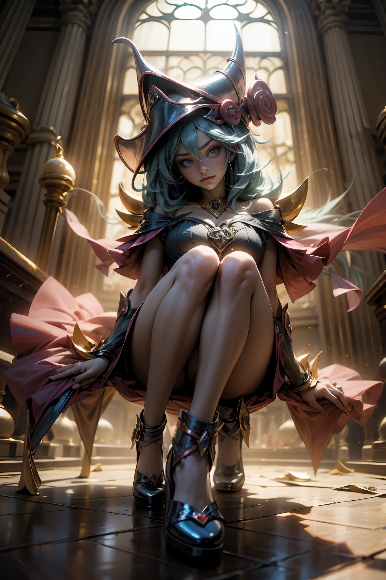 (obra maestra:1.2), (La mejor calidad:1.2), perfect lighting, Chica Maga Oscura lanzando un hechizo, en batalla. flotando en el aire, tetas medianas visibles, escote transparente, bata azul, sombrero grande, desde arriba, Destellos, Yugioh juego, The magic of the heart. LIGHTS OF THE HEART, Romantic heart. Ella usa tacones. Tiene tacones. Usa tacones
