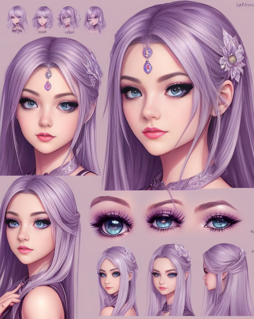 A girl character design sheet,illustration,beautiful detailed eyes,beautiful detailed lips,extremely detailed eyes and face,longeyelashes,strong personality,long hair,stylish outfit,posing with confidence,full body,vibrant colors,dynamic lighting.