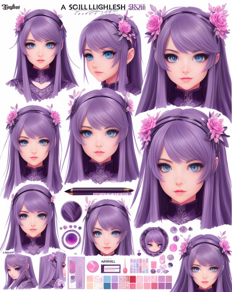 A girl character design sheet,illustration,beautiful detailed eyes,beautiful detailed lips,extremely detailed eyes and face,longeyelashes,strong personality,long hair,stylish outfit,posing with confidence,full body,vibrant colors,dynamic lighting.