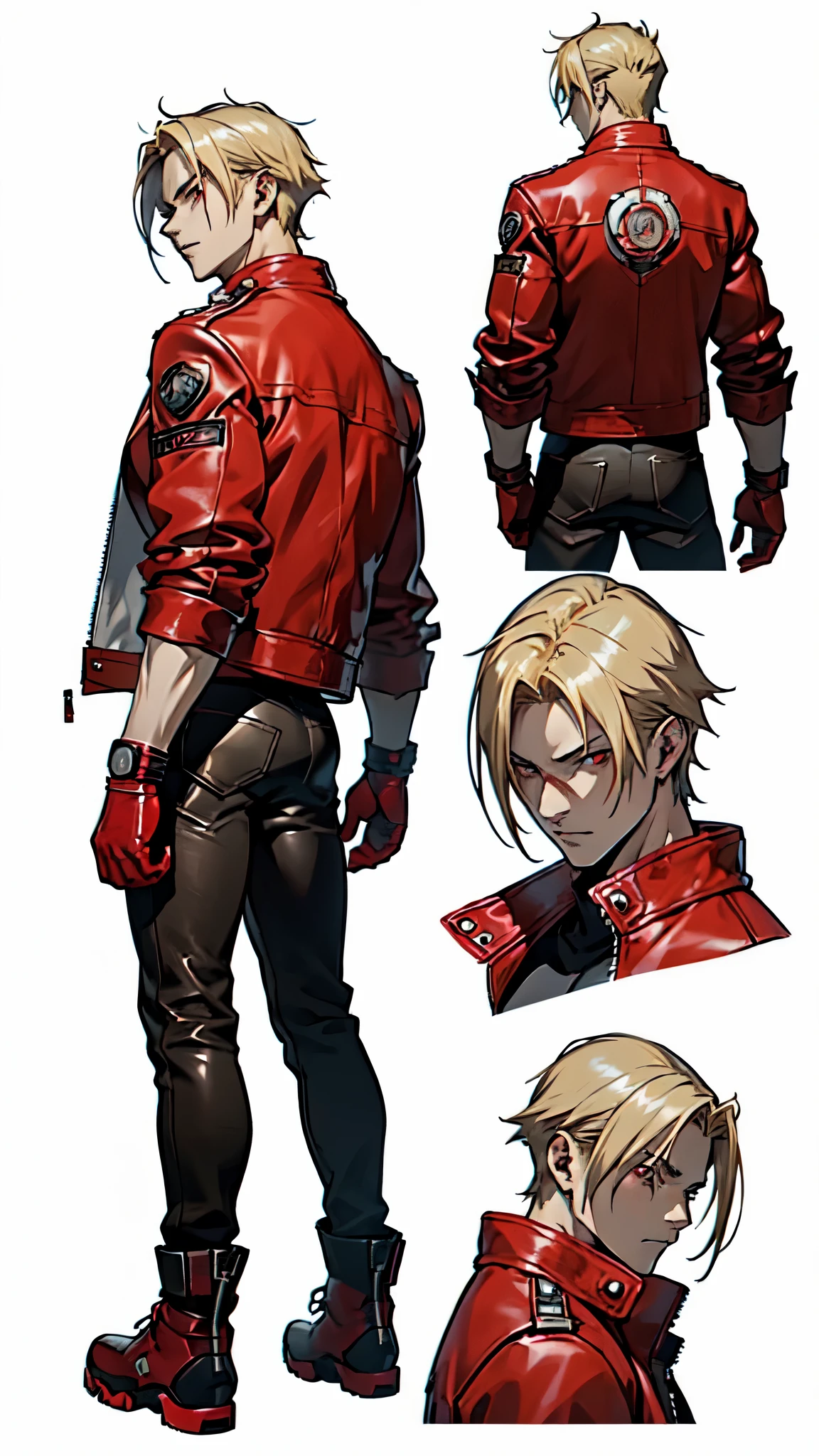 ((close up shot of an anime hadnsome young man wearing a red leather jacket)), (((back view))), ((light blonde hair)), ((pale skin)), (Leon Kennedy), red eyes, anime cyberpunk character, gloves, anime character sheet, character concept, character walking, full body concept, single character full body, male protagonist 👀 :8, anime style character, anime character, fighting game character,