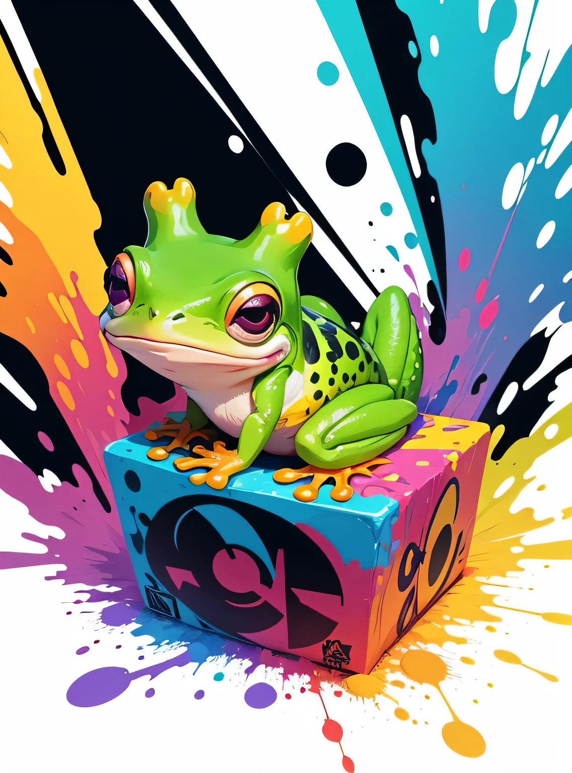 arte vetorial, Colorful graffiti illustration of a cute little frog, cores brilhantes, Respingos e manchas de tinta, Alto detalhe, fundo branco