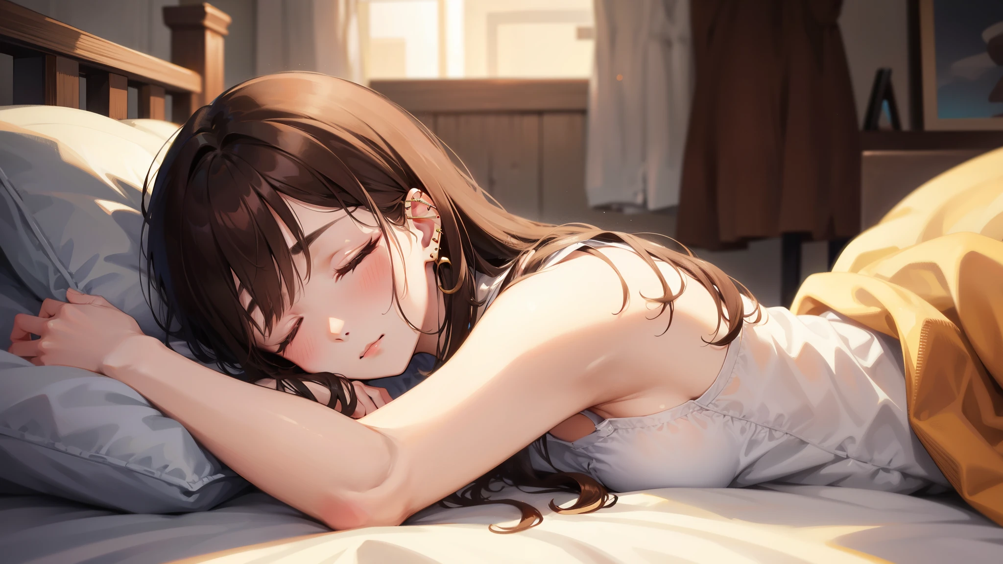 not、brown hair(long)、earlobe ring piercing、sleeping in bed