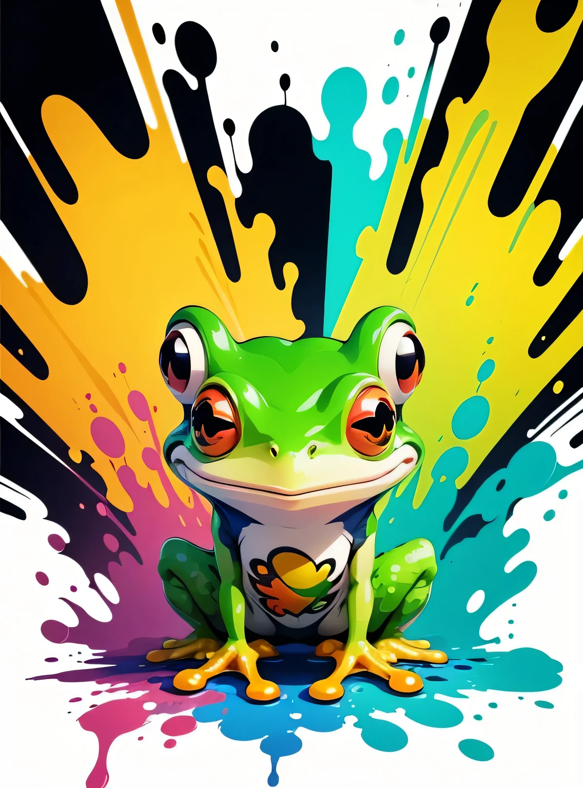 arte vetorial, Colorful graffiti illustration of a cute little frog, cores brilhantes, Respingos e manchas de tinta, Alto detalhe, fundo branco