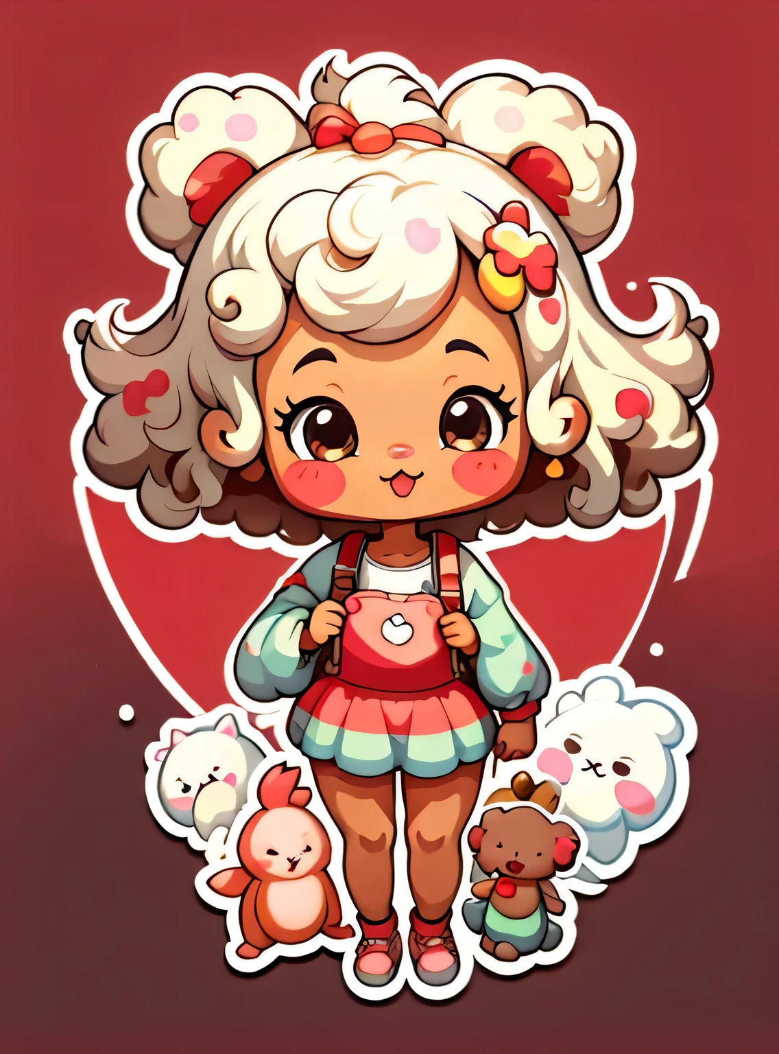 adesivo,1 garota afro,bonitinho,kawaii,bonitinho,fundo vermelho chibi,