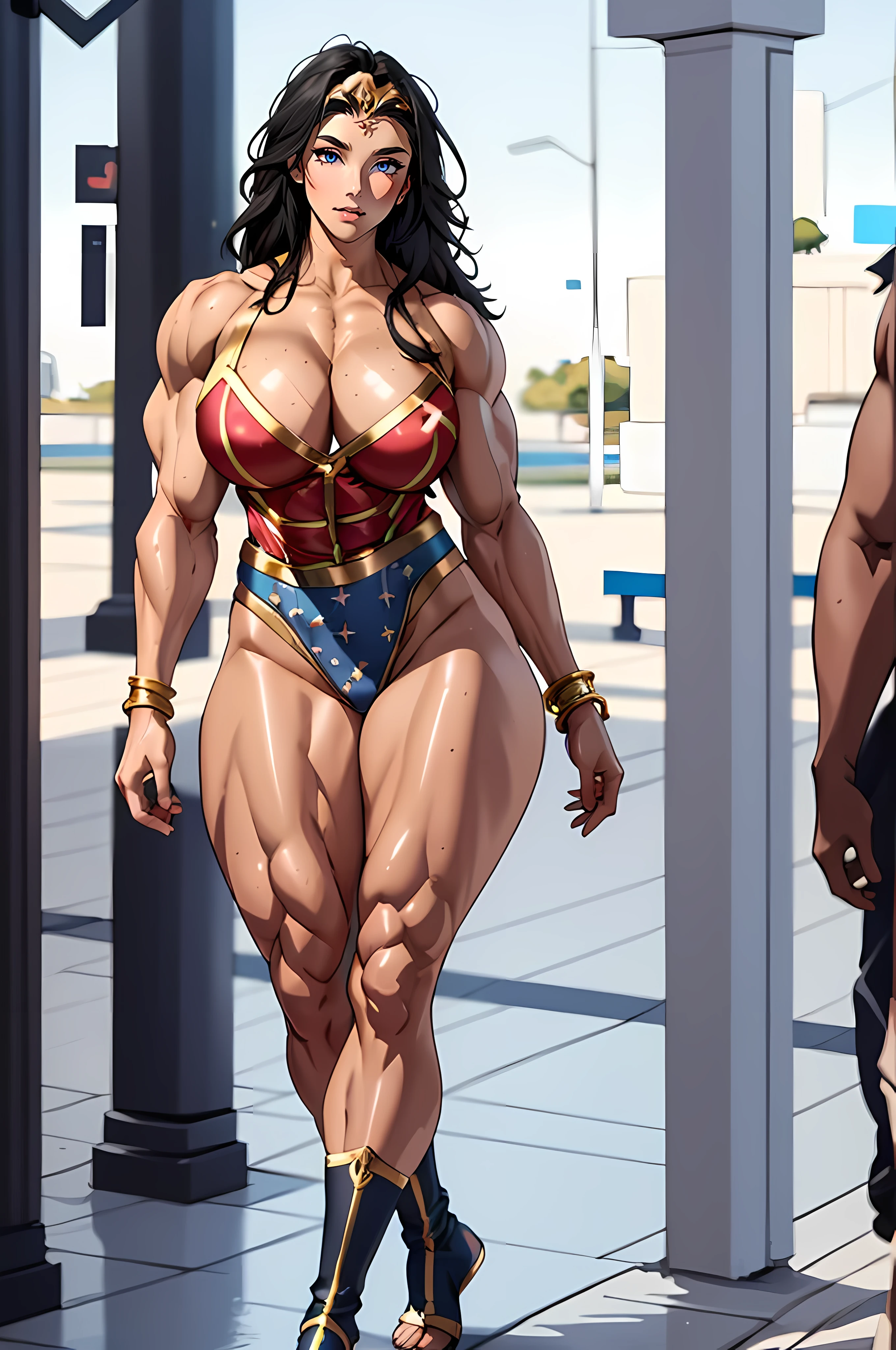 (((((Massive Female Bodybuilder))))), , , 
((((Muscular Quadriceps)))), , , 
((((Huge breasts)))), , , 
1, , (masterpiece:1.2, best quality), back lighting, 1lady, solo, long hair, Wonder Woman, (Intricate details, makeup), (Delicate and beautiful delicate face, Delicate and beautiful delicate eyes, perfectly proportioned face), (Glossy skin: 1.0), delicate skin, strong and realistic blue eyes, realistic black hair, lips, makeup, natural skin texture, tiara, jewelry, star \(symbol\), leotard, silver bracelet, red knee high boots, golden belt, (public clothing: 1.5), bare shoulders, (light taned skin:1.4), mature, sexy, elastic muscles, ((strong and healthy body)), long legs, curves, ribs, thin waist, (delicate skin), (beautiful and sexy woman), (swollen lips: 0.9), (wide hips: 1.2), perfect body, perfect anatomy, perfect detail, perfect fingers, perfect limbs, (shiny skin:1.2), full body,