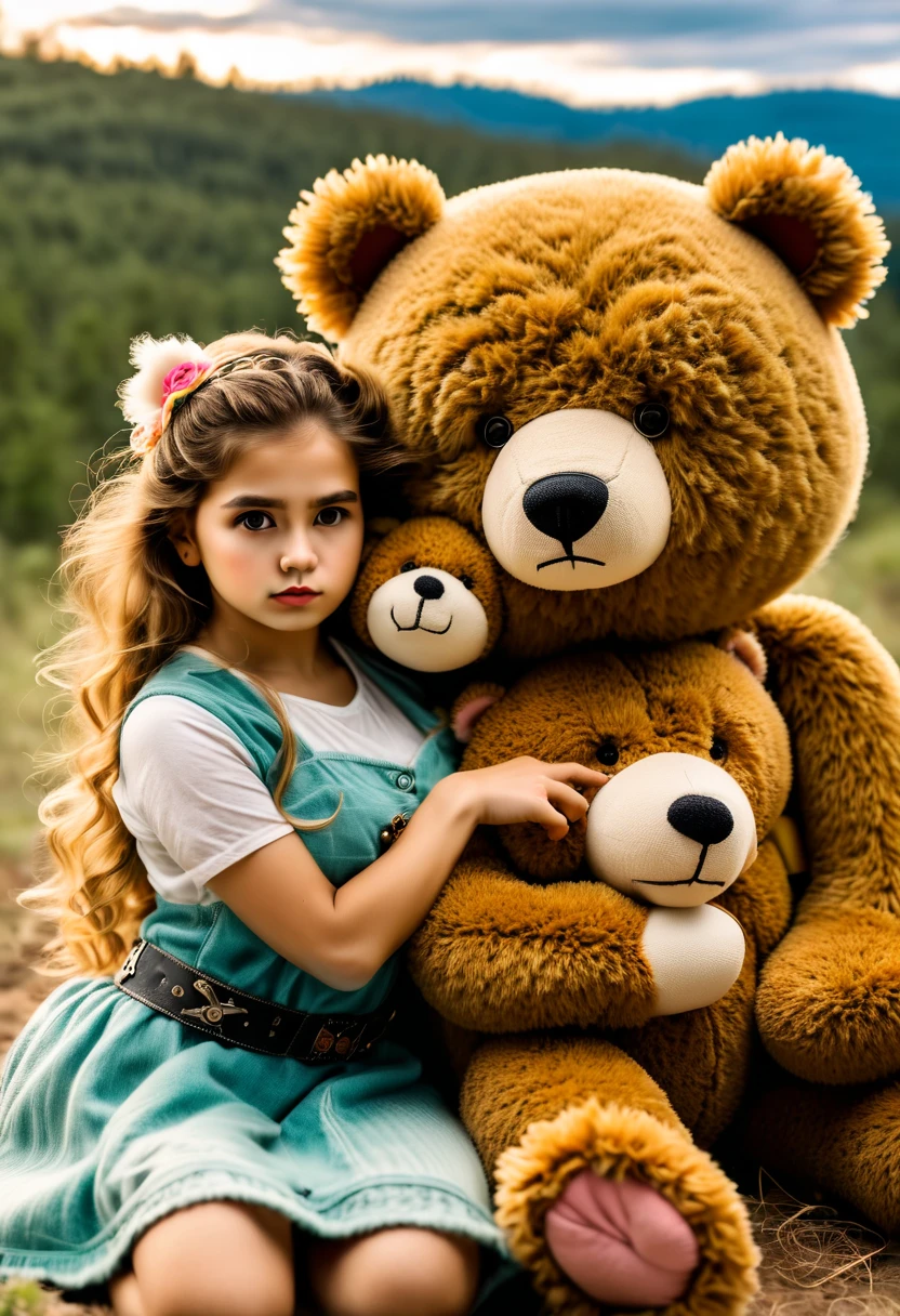((1  5 years beautiful innocent, super detallada y en primer plano, extremadamente detallada la infante y su oso de peluche, sentada dentrode una burbuja:1.5)), in a post apocalyptic setting:1.5, Post - Apocalyptic style, post - apocalyptic cowgirl, en un ambiente ciudad destruida, movie costume photo, Urban fantasy style, hermosa modelo de infante, (ojos ultra detallados), (((sombreado textil))), (((Mejor calidad))), (((mesa))), (((CG ultra detallado))), (((magical ))), (1 mujer infante), Pelo rubio, Pelo rubio, Pelo rubio, fijar emo, ((gorgeous hair)), ojos verdes, (((estilo moderno, vestido con adornos, combinado perfectamente,en su mano lleva un oso de peluche hermoso))), ((haciendo una )), (((juego cg)) (gorgeous, atrevido, es infante), ambiente nocturno,oscuro iluminado por el fuego y destruccion, perfectly lit strong epic atmosphere, tiro de vaquero,vista panoramica, imagen centrada, eye on the camera, mirada frontal, imagen absolutamente excepcional, reflection, variado multi etc, 32k
