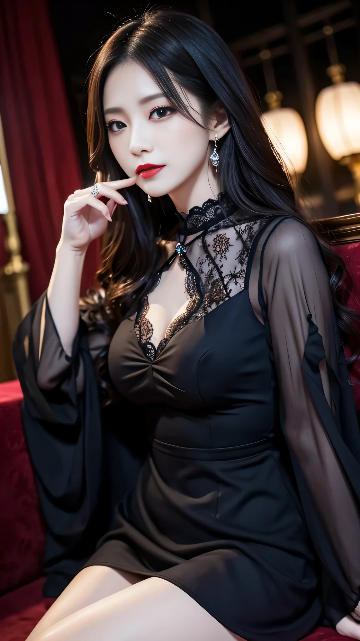 Super detailed、Japanese、charming beauty、魅惑的な大peopleのwoman、きれいなwoman、sharp eyes、cool girl、wavy hair、suit、Black chiffon、lace fabric、wide sleeve、wearing a lace insert dress、white blouse、Tight Skirt、Lustrous legs、evilの幹部、evil depravity、brainwashing、Mind control、lipstick、grin、evilな表情、evil、empty eyes、evil、church at night、vampire、evil woman、vampire、lure、meanwhile、look down、口にpeople差し指を当てる、2people々'woman