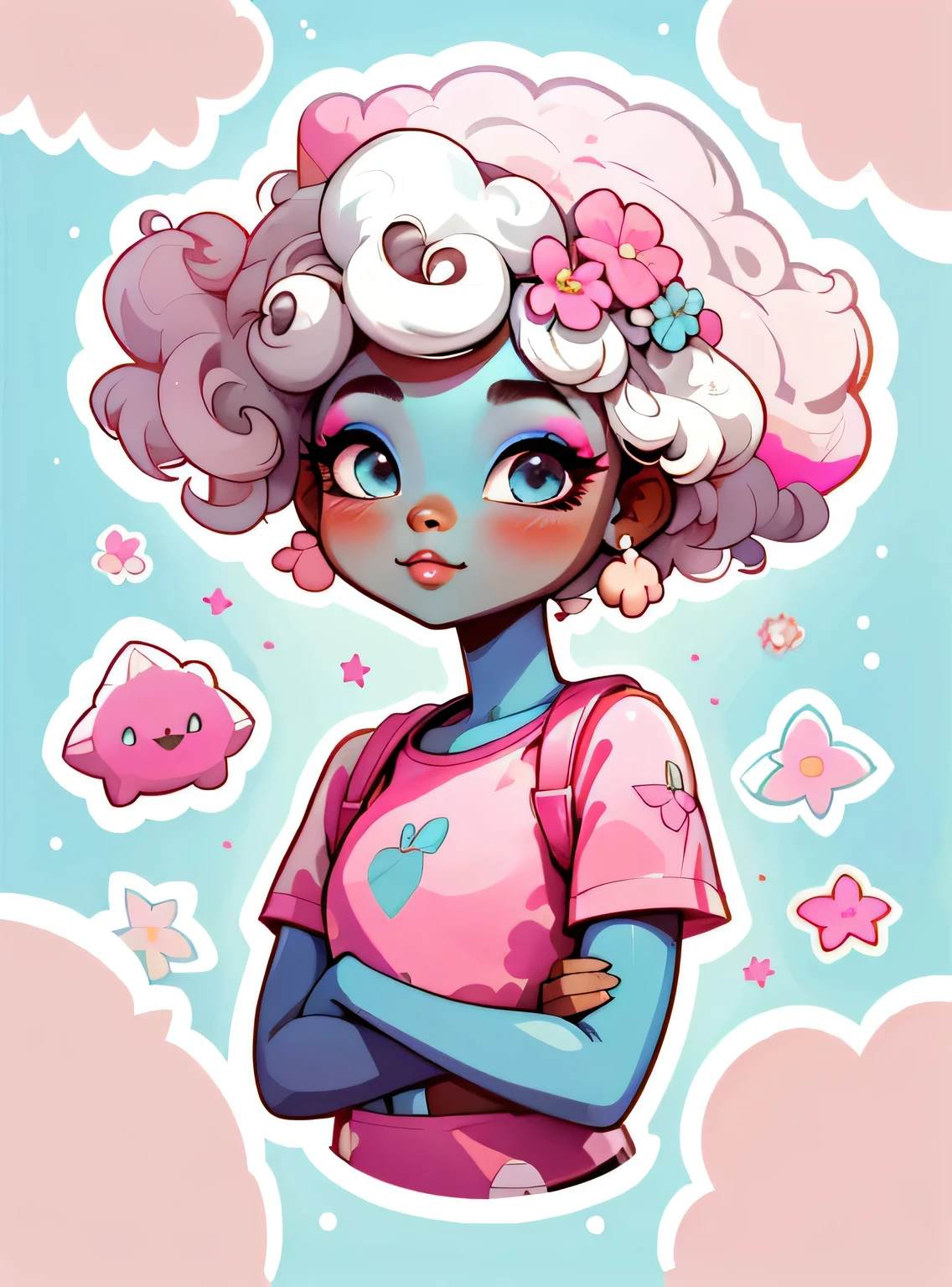 1 adesivo, Manual, (uma garota afro estilosa, modelo, Top rosa, legal e legal), fundo azul, fundo simples, Minimum, elementos de maquiagem, flores, cap, bonitinho, pequeno, cor pastel, estilo vetorial, sem gradiente，sorridente
