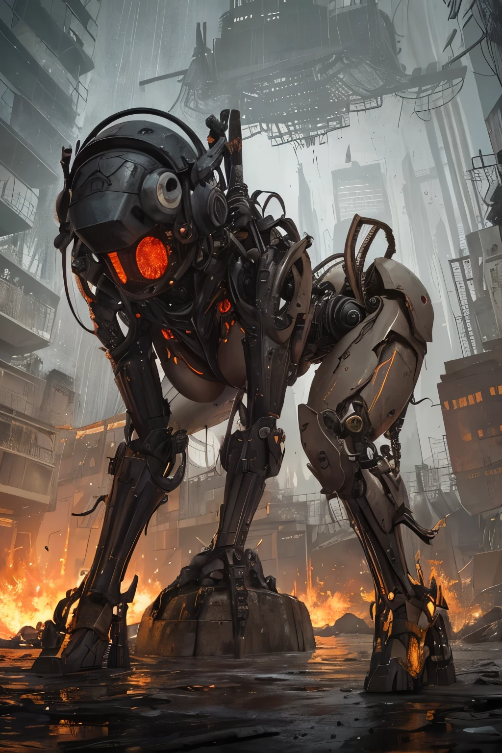 In the midst of a chaotic junkyard, a humanoid machinery figure emerges, its thick thighs mechanical and powerful as they support a body constructed from iron scraps and rusted metal.it's face, although made of machinery, possessed a seductive allure with glowing red LED eyes and painted-on lipstick, a stark contrast to its overall appearance. The rain poured down relentlessly, creating a muddy puddle at its feet. The scene is set with dynamic lighting that highlights the intricacies and imperfections of the robot's assembly, revealing a level of detail that borders on the absurd. The machinery's clothes, though tattered and torn, clung to its form, revealing