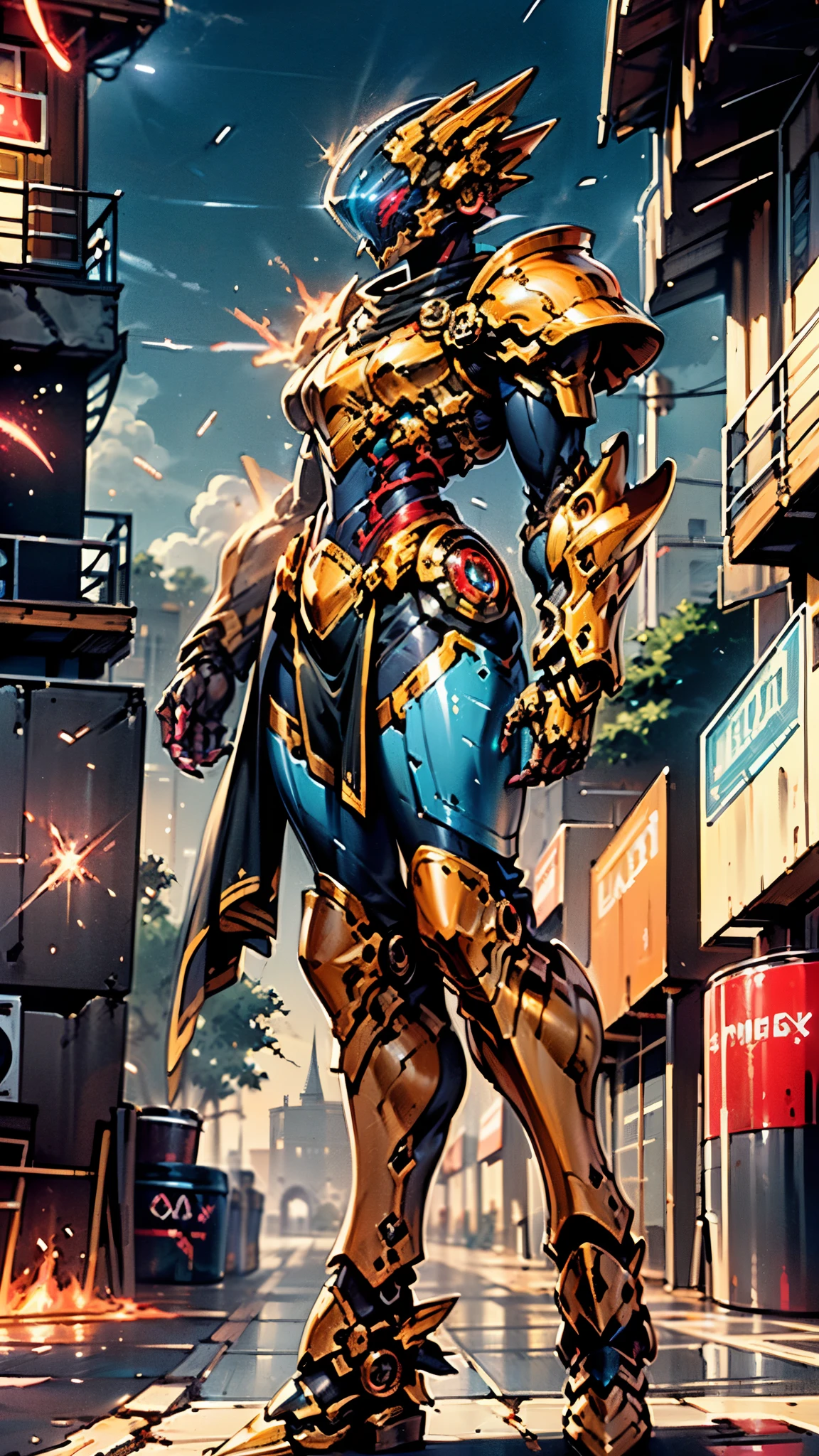 A woman adorned in fantasy-style full-body armor, a crown-concept fully enclosed helmet that unveils only her eyes, a composite layered chest plate, fully encompassing shoulder and hand guards, a lightweight waist armor, form-fitting shin guards, the overall design is heavy-duty yet flexible, ((the armor gleams with a golden glow, complemented by red and blue accents)), exhibiting a noble aura, she floats above a fantasy-surreal high-tech city, this character embodies a finely crafted fantasy-surreal style armored hero in anime style, exquisite and mature manga art style, (Queen bee mixed with Spider concept Armor, plasma, blood), ((Element, energy, elegant, goddess, femminine:1.5)), metallic, high definition, best quality, highres, ultra-detailed, ultra-fine painting, extremely delicate, professional, anatomically correct, symmetrical face, extremely detailed eyes and face, high quality eyes, creativity, RAW photo, UHD, 32k, Natural light, cinematic lighting, masterpiece-anatomy-perfect, masterpiece:1.5