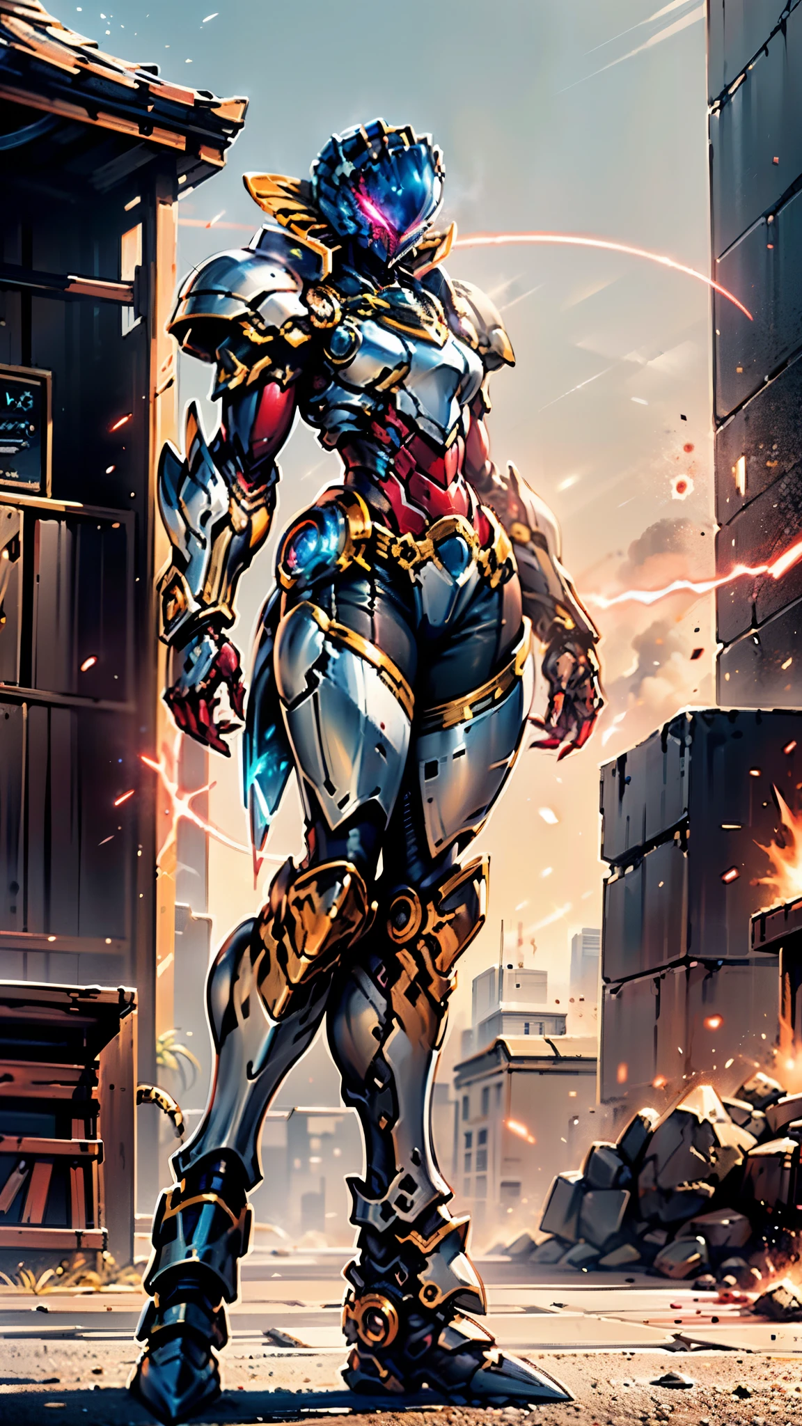 A woman adorned in fantasy-style full-body armor, a crown-concept fully enclosed helmet that unveils only her eyes, a composite layered chest plate, fully encompassing shoulder and hand guards, a lightweight waist armor, form-fitting shin guards, the overall design is heavy-duty yet flexible, ((the armor gleams with a golden glow, complemented by red and blue accents)), exhibiting a noble aura, she floats above a fantasy-surreal high-tech city, this character embodies a finely crafted fantasy-surreal style armored hero in anime style, exquisite and mature manga art style, (Queen bee mixed with Spider concept Armor, plasma, blood), ((Element, energy, elegant, goddess, femminine:1.5)), metallic, high definition, best quality, highres, ultra-detailed, ultra-fine painting, extremely delicate, professional, anatomically correct, symmetrical face, extremely detailed eyes and face, high quality eyes, creativity, RAW photo, UHD, 32k, Natural light, cinematic lighting, masterpiece-anatomy-perfect, masterpiece:1.5