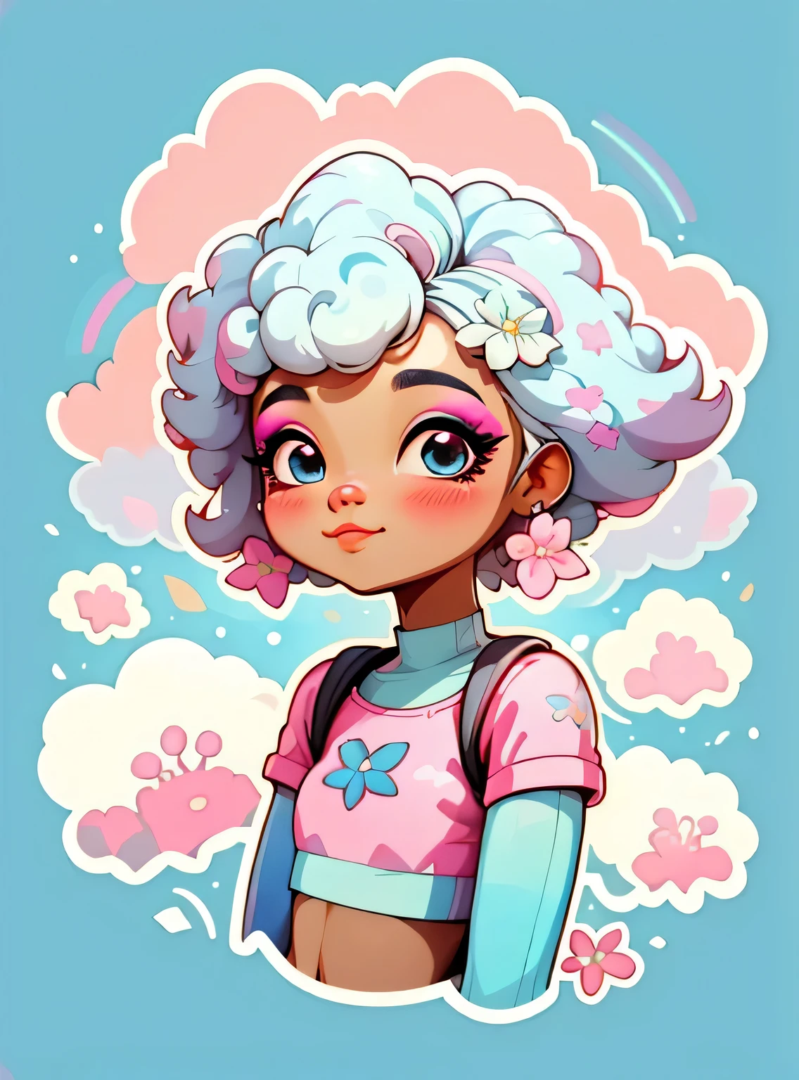 1 adesivo, Manual, (uma garota negra afro estilosa, modelo, Top rosa, legal e legal), fundo azul, fundo simples, Minimum, elementos de maquiagem, flores, cap, bonitinho, pequeno, cor pastel, estilo vetorial, sem gradiente，sorridente