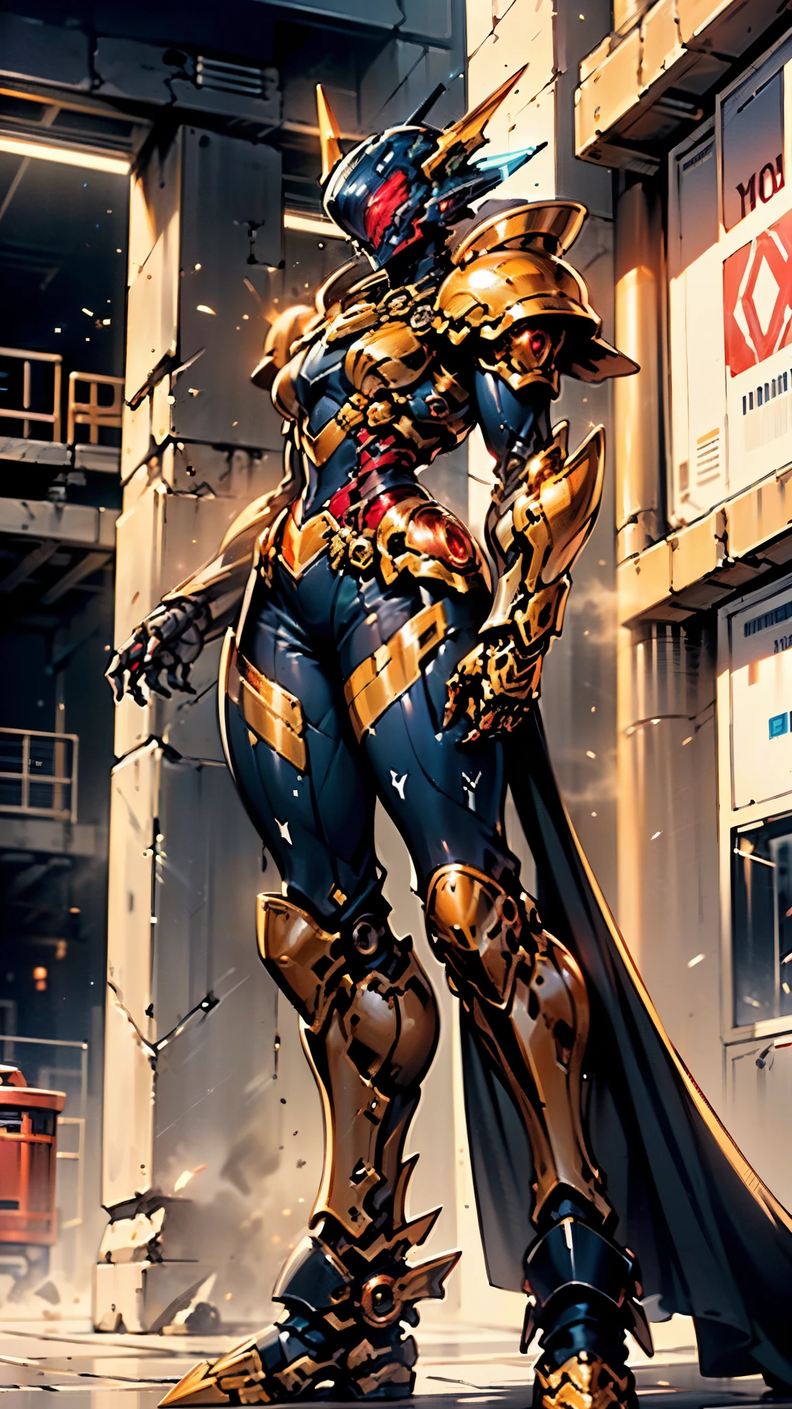A woman adorned in fantasy-style full-body armor, a crown-concept fully enclosed helmet that unveils only her eyes, a composite layered chest plate, fully encompassing shoulder and hand guards, a lightweight waist armor, form-fitting shin guards, the overall design is heavy-duty yet flexible, ((the armor gleams with a golden glow, complemented by red and blue accents)), exhibiting a noble aura, she floats above a fantasy-surreal high-tech city, this character embodies a finely crafted fantasy-surreal style armored hero in anime style, exquisite and mature manga art style, (Queen bee mixed with Spider concept Armor, plasma, blood), ((Element, energy, elegant, goddess, femminine:1.5)), metallic, high definition, best quality, highres, ultra-detailed, ultra-fine painting, extremely delicate, professional, anatomically correct, symmetrical face, extremely detailed eyes and face, high quality eyes, creativity, RAW photo, UHD, 32k, Natural light, cinematic lighting, masterpiece-anatomy-perfect, masterpiece:1.5