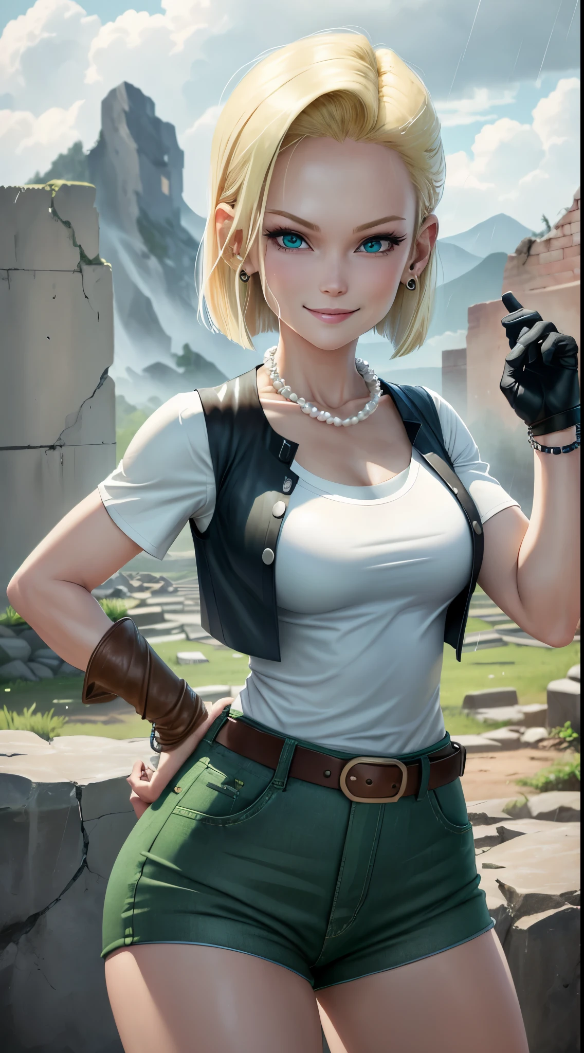 best quality, high-res, and18, 1girl, android 18, solo, blonde hair, blue eyes, belt, green jeans, pearl, necklace, bracelets, black gloves, white shirt, short hair, short sleeves, earrings, green leggings, open vest, black vest, medium breasts, cowboy shot, battle ruins, straight-on, mountain view, (weather: rainy), cute smile, combat stance, wide hips,
