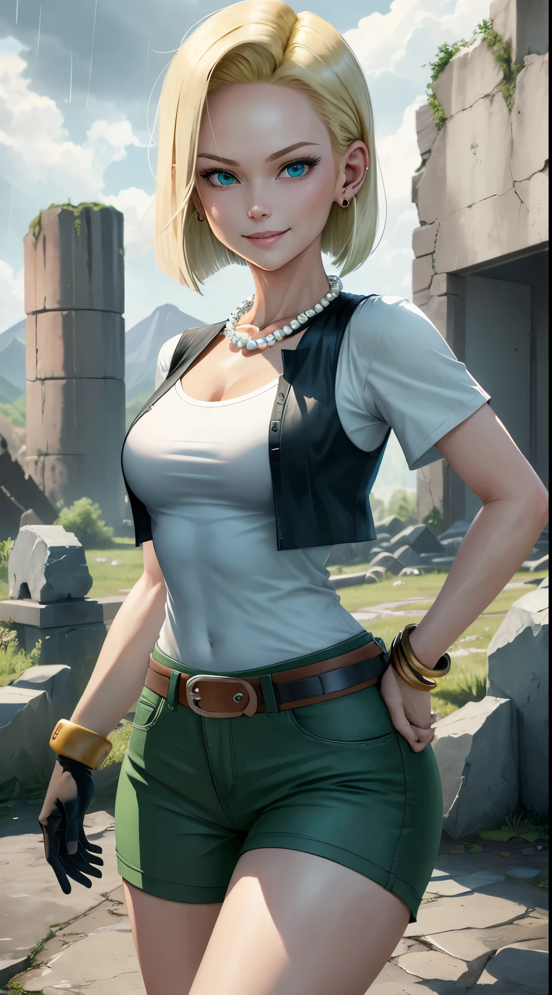 best quality, high-res, and18, 1girl, android 18, solo, blonde hair, blue eyes, belt, green jeans, pearl, necklace, bracelets, black gloves, white shirt, short hair, short sleeves, earrings, green leggings, open vest, black vest, medium breasts, cowboy shot, battle ruins, straight-on, mountain view, (weather: rainy), cute smile, combat stance, wide hips,