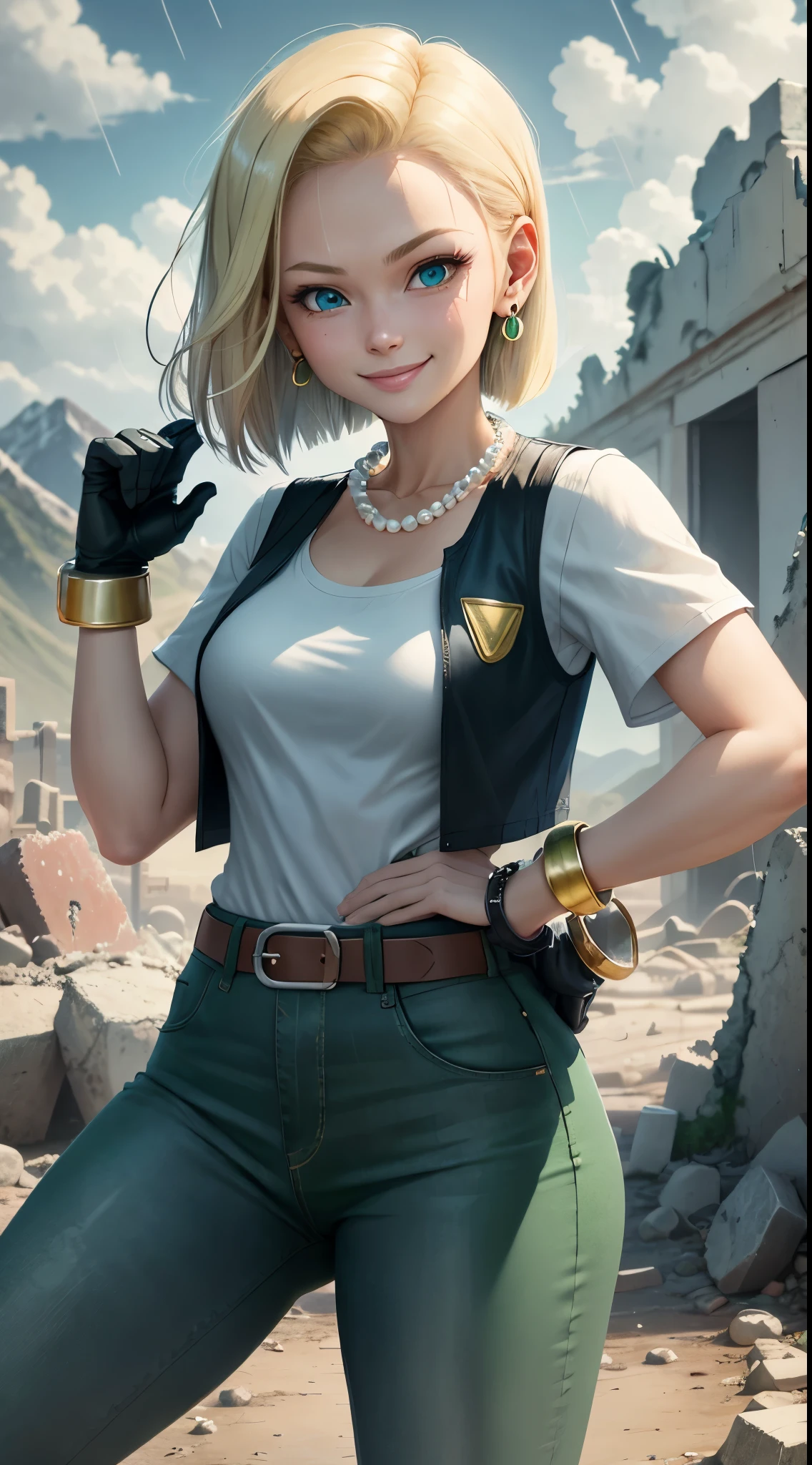 best quality, high-res, and18, 1girl, android 18, solo, blonde hair, blue eyes, belt, green jeans, pearl, necklace, bracelets, black gloves, white shirt, short hair, short sleeves, earrings, green leggings, open vest, black vest, medium breasts, cowboy shot, battle ruins, straight-on, mountain view, (weather: rainy), cute smile, combat stance, wide hips,