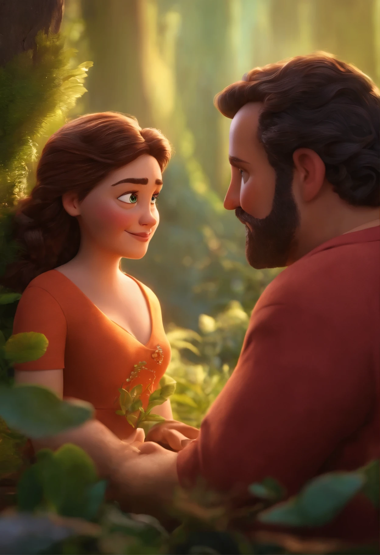 Un padre abrazando a su esposa., a dream project inspired by Pixar animation, de cerca. El personaje toma protagonismo con cautivadoras expresiones faciales., ofreciendo un toque de irrealidad