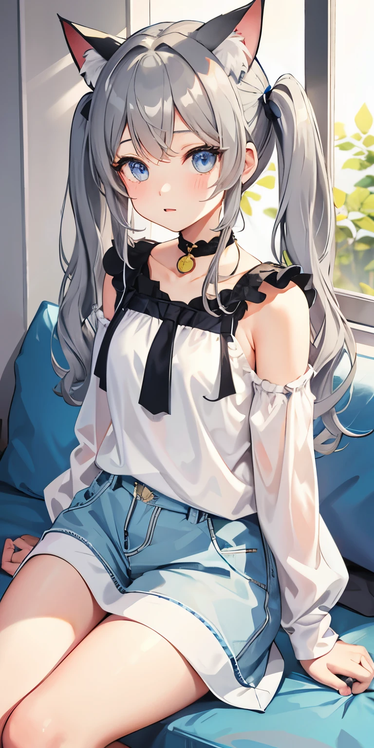 1 son's daughter, Pigtails,cat ears ,gray hair, blue eyes,cute