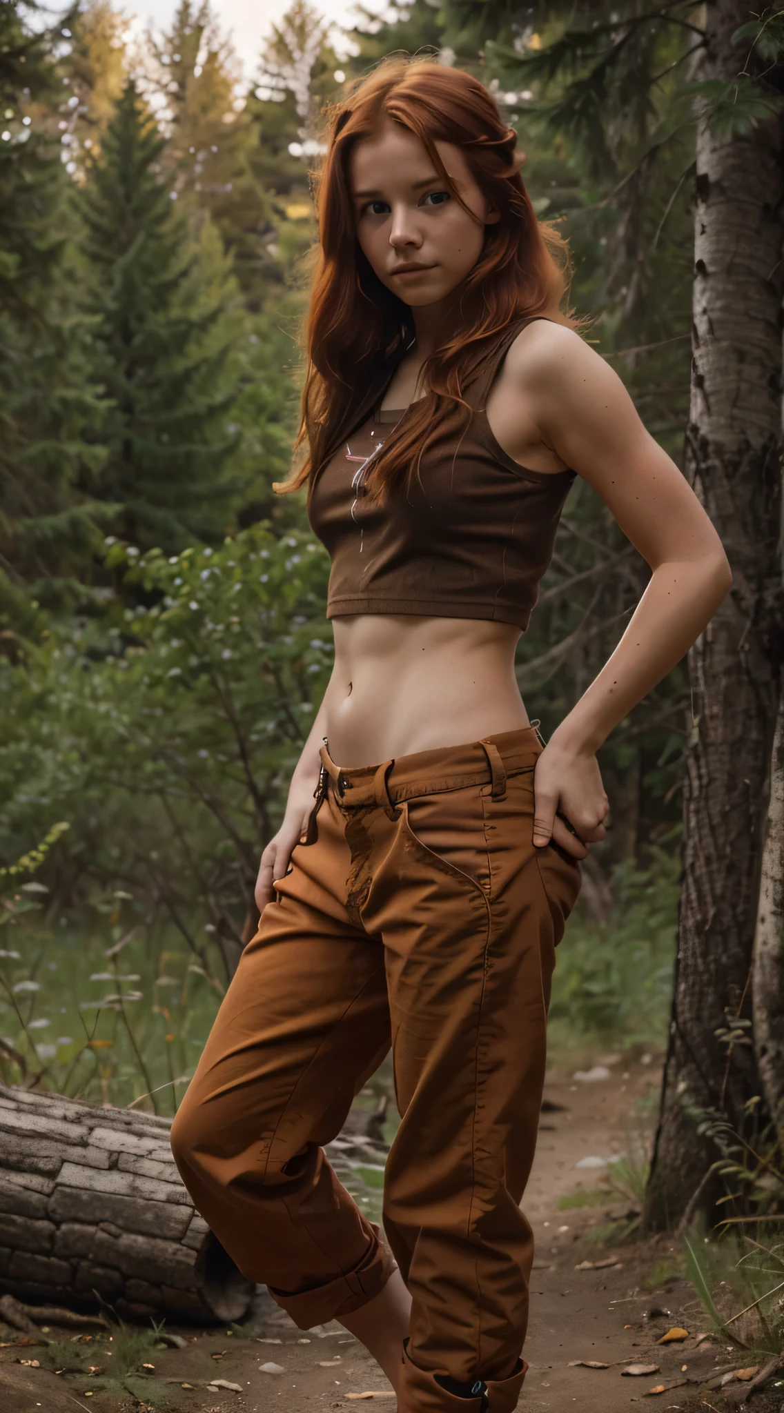 16 year old canadian nomad girl in the wildness, she is red haired, she wears a hikepant and a top, she is barefoot, 8k, ultrarealistic, beautiful girl, vangirl, hippiegirl, nomadgirl