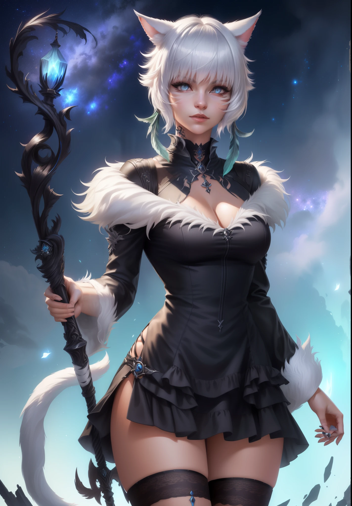 (masterpiece, high quality:1.1), y'shtola, miqo'te, cinematic lighting, extremely detailed, Matoya, hair ornament, feather hair ornament, choker, black choker, brooch, dress, long dress, black dress, fur-trimmed dress, fur trim, backless outfit, cleavage, long sleeves, wide sleeves, gloves, black gloves, fingerless gloves, partially fingerless gloves, ring, claw ring, y'shtola, y'shtola rhul, miqo'te, cat girl, grey hair, short hair, bangs, animal ears, cat ears, grey eyes, slit pupils, lips, facial mark, whisker markings, tattoo, neck tattoo, tail, cat tail,