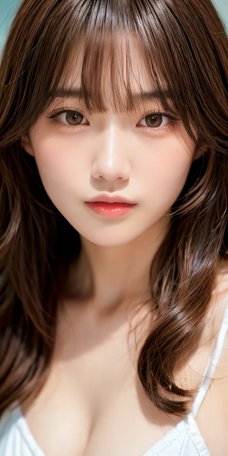 Close up portrait of long-haired woman in swimsuit, Nam Jae Young, neat hair with bangs, young adorable korean face, brown hair with bangs, Korean symmetrical face, beautiful young korean woman, Ulzzang, gorgeous young korean woman, popular korean makeup, with short hair, Portraits of Korean female idols, Waiting for brown hair and bangs to start