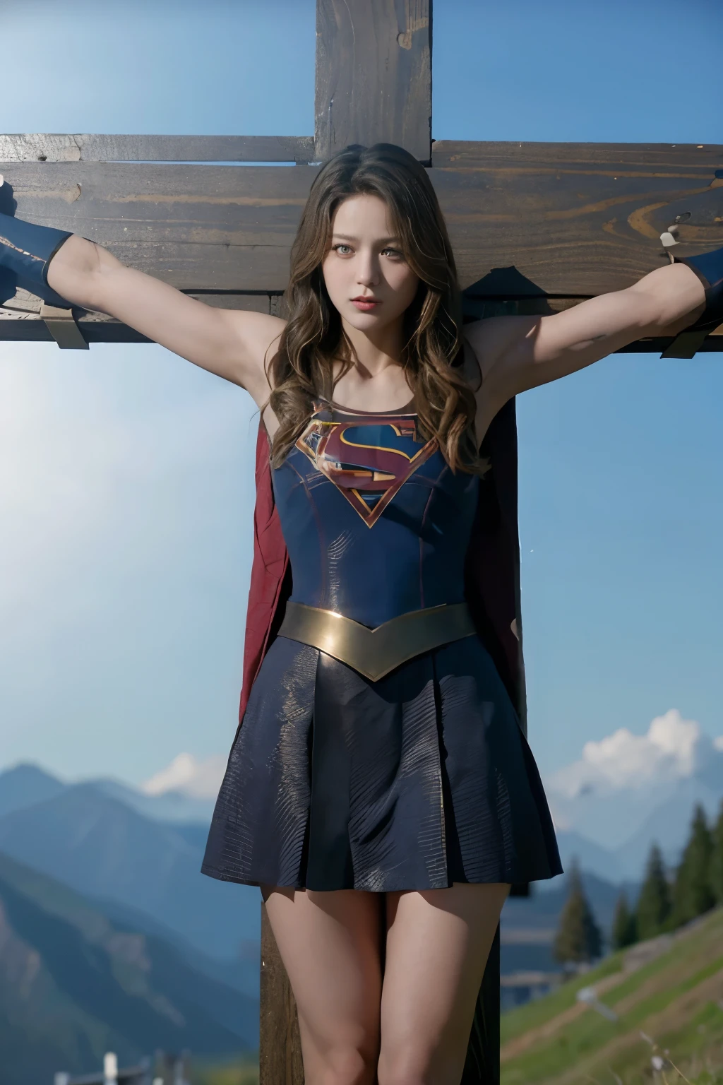 highest quality,masterpiece,UHD, Super detailed, 8K,(Beautiful woman),一人のBeautiful woman,((crucifixion)),(cross),(execution),((incontinence)),scared,torture,slave,((crossにcrucifixionにされた女性:1.5)),crucifixion刑,(supergirl),torn costume