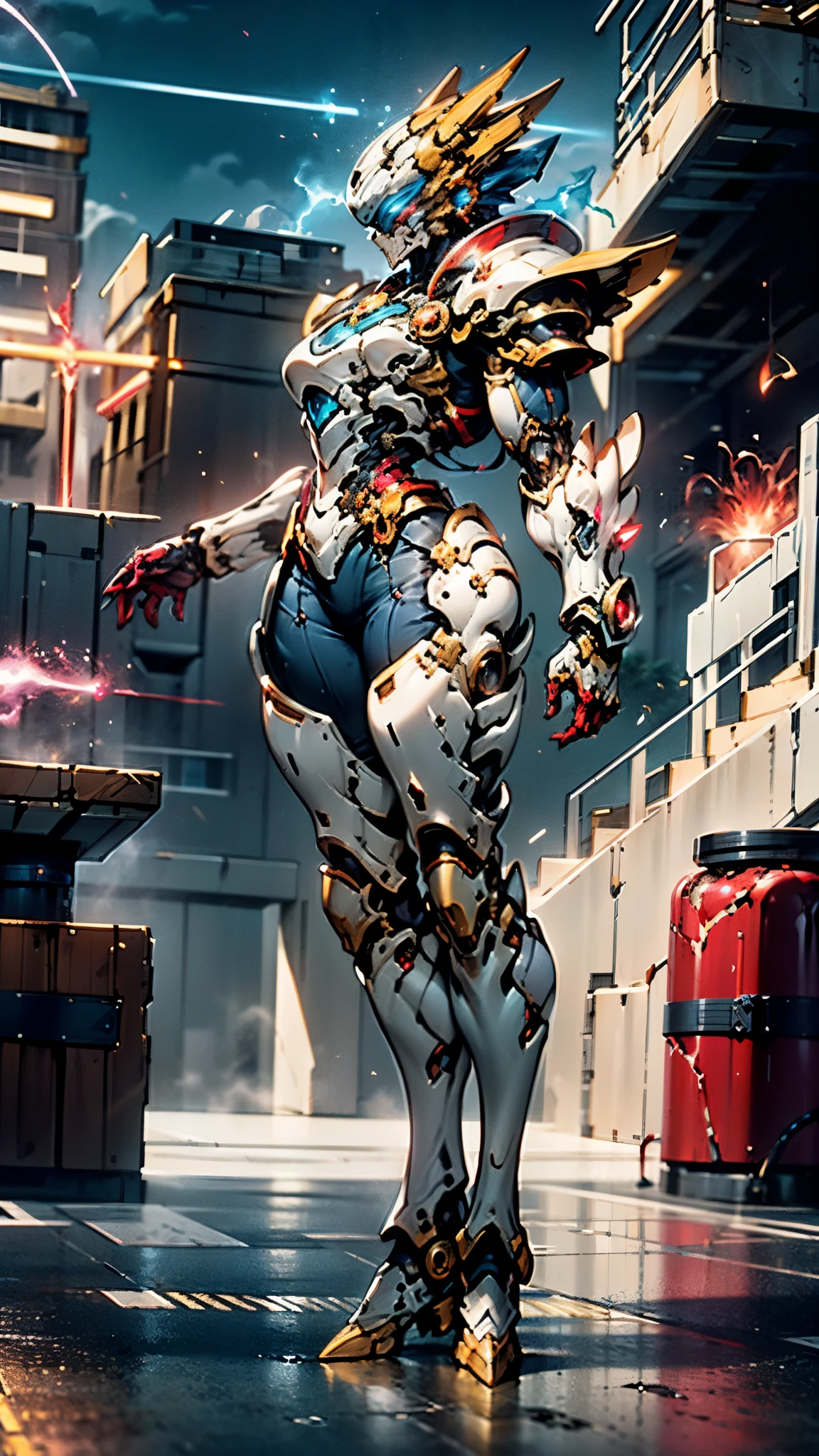 A woman adorned in fantasy-style full-body armor, a crown-concept fully enclosed helmet that unveils only her eyes, a composite layered chest plate, fully encompassing shoulder and hand guards, a lightweight waist armor, form-fitting shin guards, the overall design is heavy-duty yet flexible, ((the armor gleams with a golden glow, complemented by red and blue accents)), exhibiting a noble aura, she floats above a fantasy-surreal high-tech city, this character embodies a finely crafted fantasy-surreal style armored hero in anime style, exquisite and mature manga art style, (Queen bee mixed with Spider concept Armor, plasma, blood), ((Element, energy, elegant, goddess, femminine:1.5)), metallic, high definition, best quality, highres, ultra-detailed, ultra-fine painting, extremely delicate, professional, anatomically correct, symmetrical face, extremely detailed eyes and face, high quality eyes, creativity, RAW photo, UHD, 32k, Natural light, cinematic lighting, masterpiece-anatomy-perfect, masterpiece:1.5