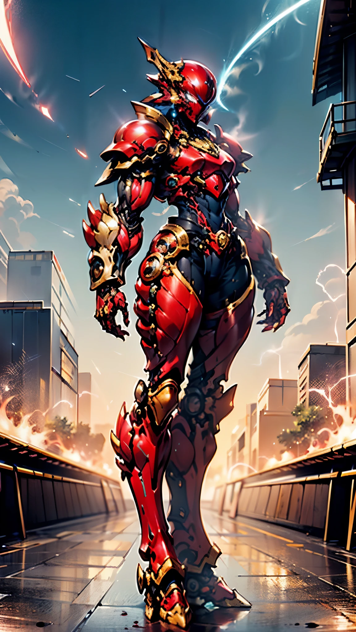 A woman adorned in fantasy-style full-body armor, a crown-concept fully enclosed helmet that unveils only her eyes, a composite layered chest plate, fully encompassing shoulder and hand guards, a lightweight waist armor, form-fitting shin guards, the overall design is heavy-duty yet flexible, ((the armor gleams with a golden glow, complemented by red and blue accents)), exhibiting a noble aura, she floats above a fantasy-surreal high-tech city, this character embodies a finely crafted fantasy-surreal style armored hero in anime style, exquisite and mature manga art style, (Queen bee mixed with Spider concept Armor, plasma, blood), ((Element, energy, elegant, goddess, femminine:1.5)), metallic, high definition, best quality, highres, ultra-detailed, ultra-fine painting, extremely delicate, professional, anatomically correct, symmetrical face, extremely detailed eyes and face, high quality eyes, creativity, RAW photo, UHD, 32k, Natural light, cinematic lighting, masterpiece-anatomy-perfect, masterpiece:1.5
