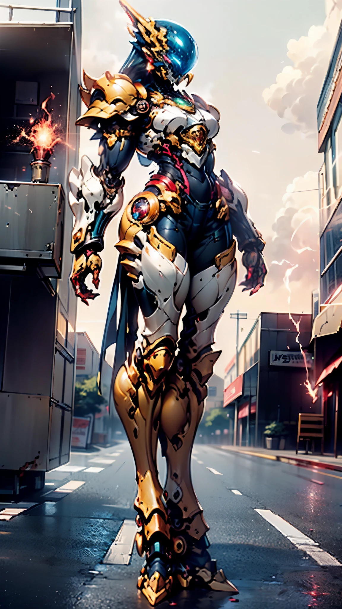 A woman adorned in fantasy-style full-body armor, a crown-concept fully enclosed helmet that unveils only her eyes, a composite layered chest plate, fully encompassing shoulder and hand guards, a lightweight waist armor, form-fitting shin guards, the overall design is heavy-duty yet flexible, ((the armor gleams with a golden glow, complemented by red and blue accents)), exhibiting a noble aura, she floats above a fantasy-surreal high-tech city, this character embodies a finely crafted fantasy-surreal style armored hero in anime style, exquisite and mature manga art style, (Queen bee mixed with Spider concept Armor, plasma, blood), ((Element, energy, elegant, goddess, femminine:1.5)), metallic, high definition, best quality, highres, ultra-detailed, ultra-fine painting, extremely delicate, professional, anatomically correct, symmetrical face, extremely detailed eyes and face, high quality eyes, creativity, RAW photo, UHD, 32k, Natural light, cinematic lighting, masterpiece-anatomy-perfect, masterpiece:1.5
