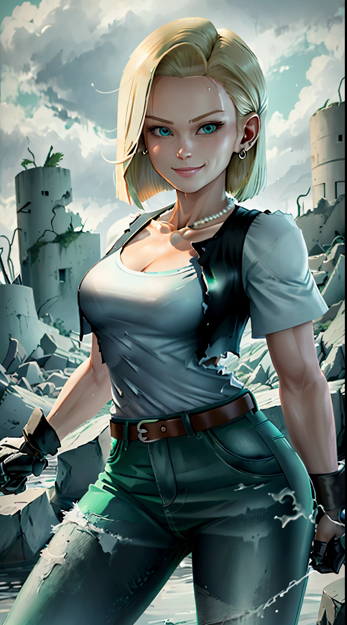 best quality, high-res, and18, 1girl, android 18, solo, blonde hair, blue eyes, belt, green jeans, pearl necklace, bracelets, black gloves, white shirt, short hair, short sleeves, earrings, green leggings, open vest, black vest, medium breasts, cowboy shot, battle ruins, straight-on, mountain view, (weather: rainy), cute smile, combat stance, wide hips, torn, clothes,