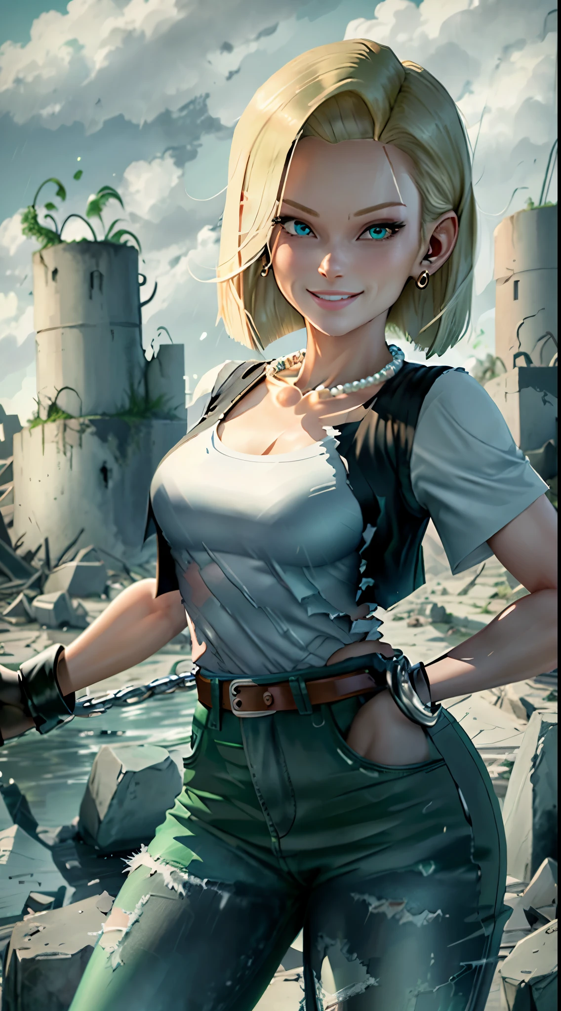 best quality, high-res, and18, 1girl, android 18, solo, blonde hair, blue eyes, belt, green jeans, pearl necklace, bracelets, black gloves, white shirt, short hair, short sleeves, earrings, green leggings, open vest, black vest, medium breasts, cowboy shot, battle ruins, straight-on, mountain view, (weather: rainy), cute smile, combat stance, wide hips, torn, clothes,