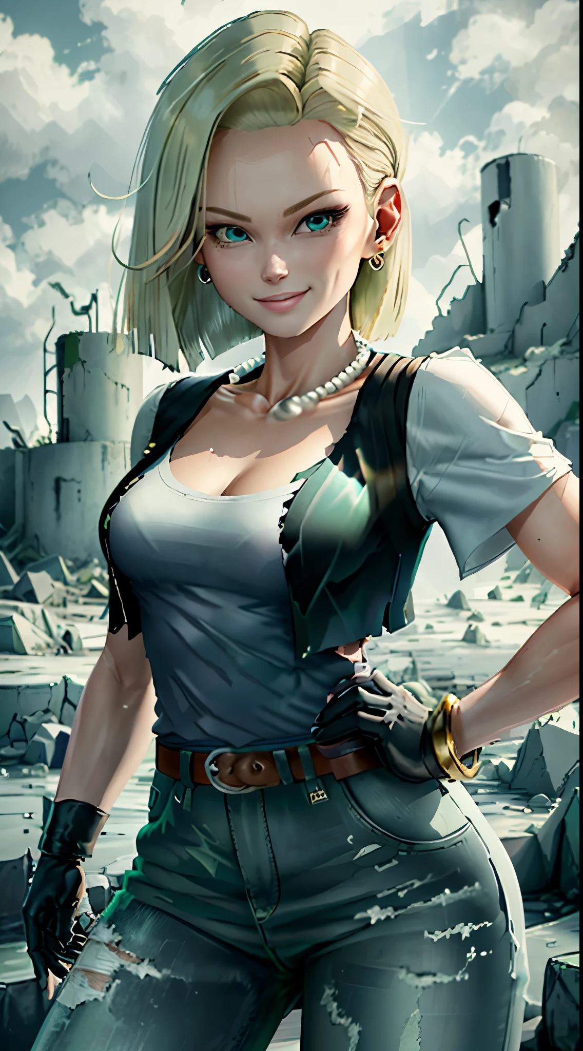 best quality, high-res, and18, 1girl, android 18, solo, blonde hair, blue eyes, belt, green jeans, pearl necklace, bracelets, black gloves, white shirt, short hair, short sleeves, earrings, green leggings, open vest, black vest, medium breasts, cowboy shot, battle ruins, straight-on, mountain view, (weather: rainy), cute smile, combat stance, wide hips, torn, clothes,