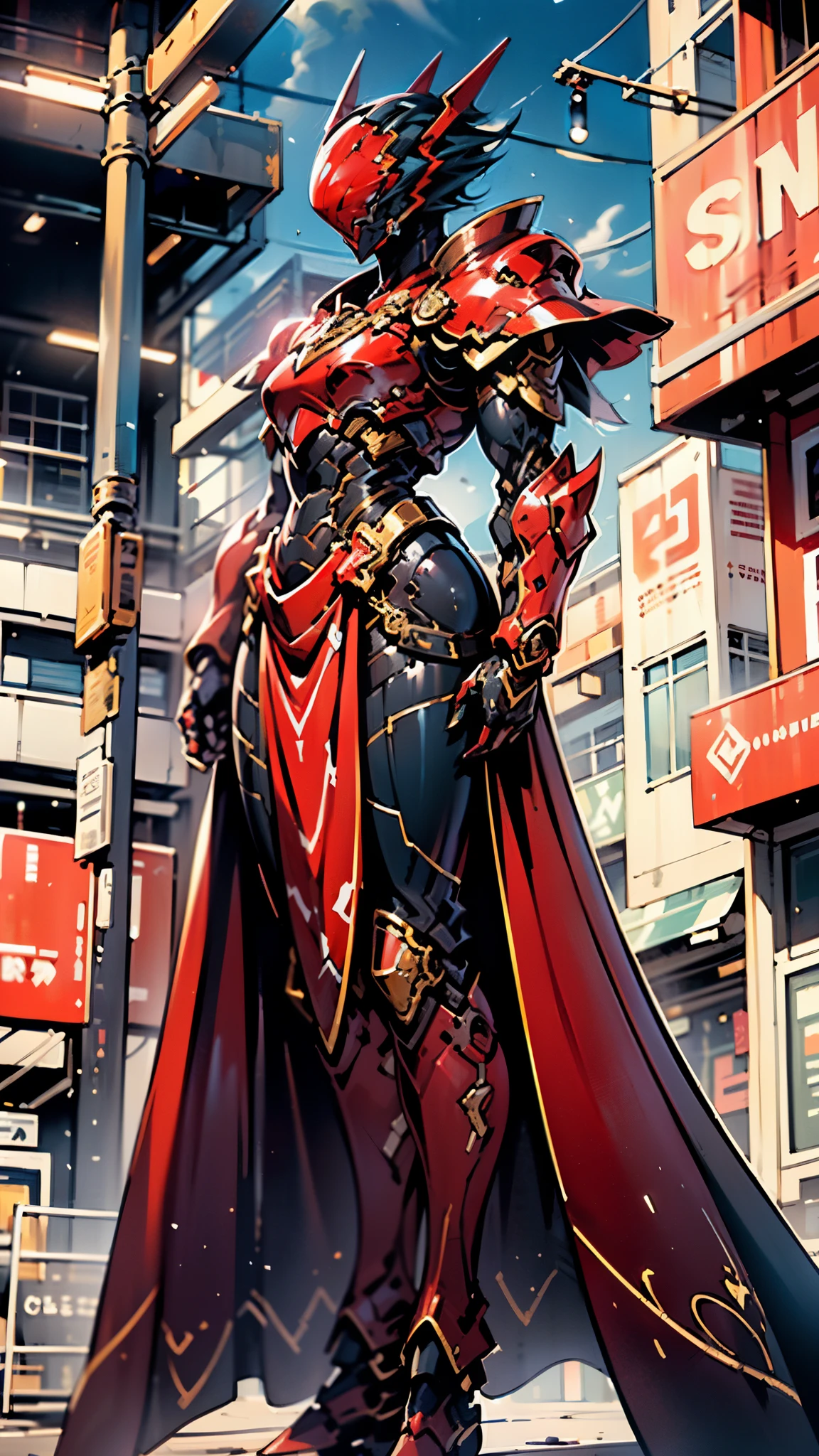 A woman adorned in fantasy-style full-body armor, a crown-concept fully enclosed helmet that unveils only her eyes, a composite layered chest plate, fully encompassing shoulder and hand guards, a lightweight waist armor, form-fitting shin guards, the overall design is heavy-duty yet flexible, ((the armor gleams with a golden glow, complemented by red and blue accents)), exhibiting a noble aura, she floats above a fantasy-surreal high-tech city, this character embodies a finely crafted fantasy-surreal style armored hero in anime style, exquisite and mature manga art style, (Queen bee mixed with Spider concept Armor, plasma, blood), ((Element, energy, elegant, goddess, femminine:1.5)), metallic, high definition, best quality, highres, ultra-detailed, ultra-fine painting, extremely delicate, professional, anatomically correct, symmetrical face, extremely detailed eyes and face, high quality eyes, creativity, RAW photo, UHD, 32k, Natural light, cinematic lighting, masterpiece-anatomy-perfect, masterpiece:1.5